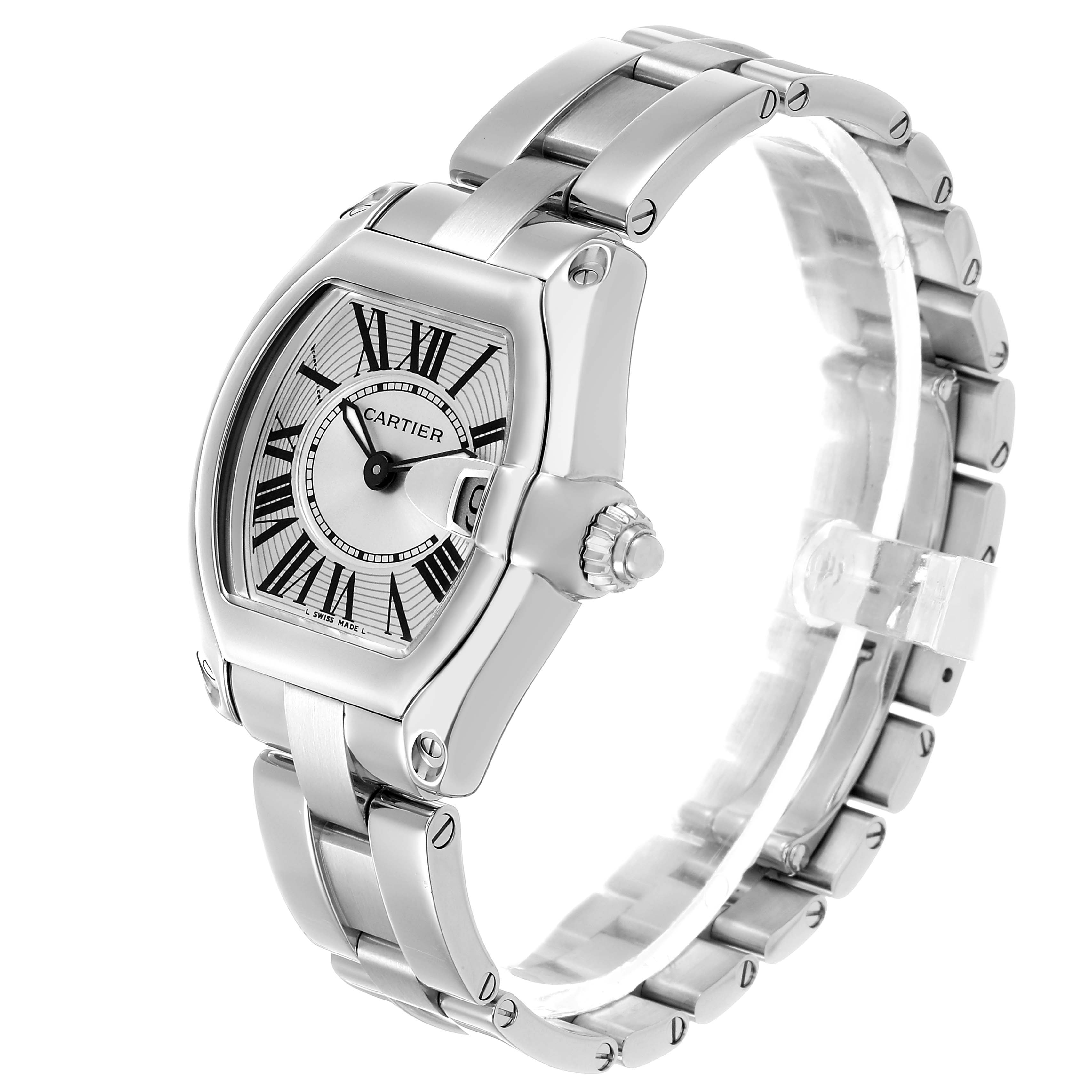 The Cartier Roadster W62016V3 Women's Stainless Steel Silver Dial watch is shown from a three-quarter angle, highlighting its face, crown, and bracelet.