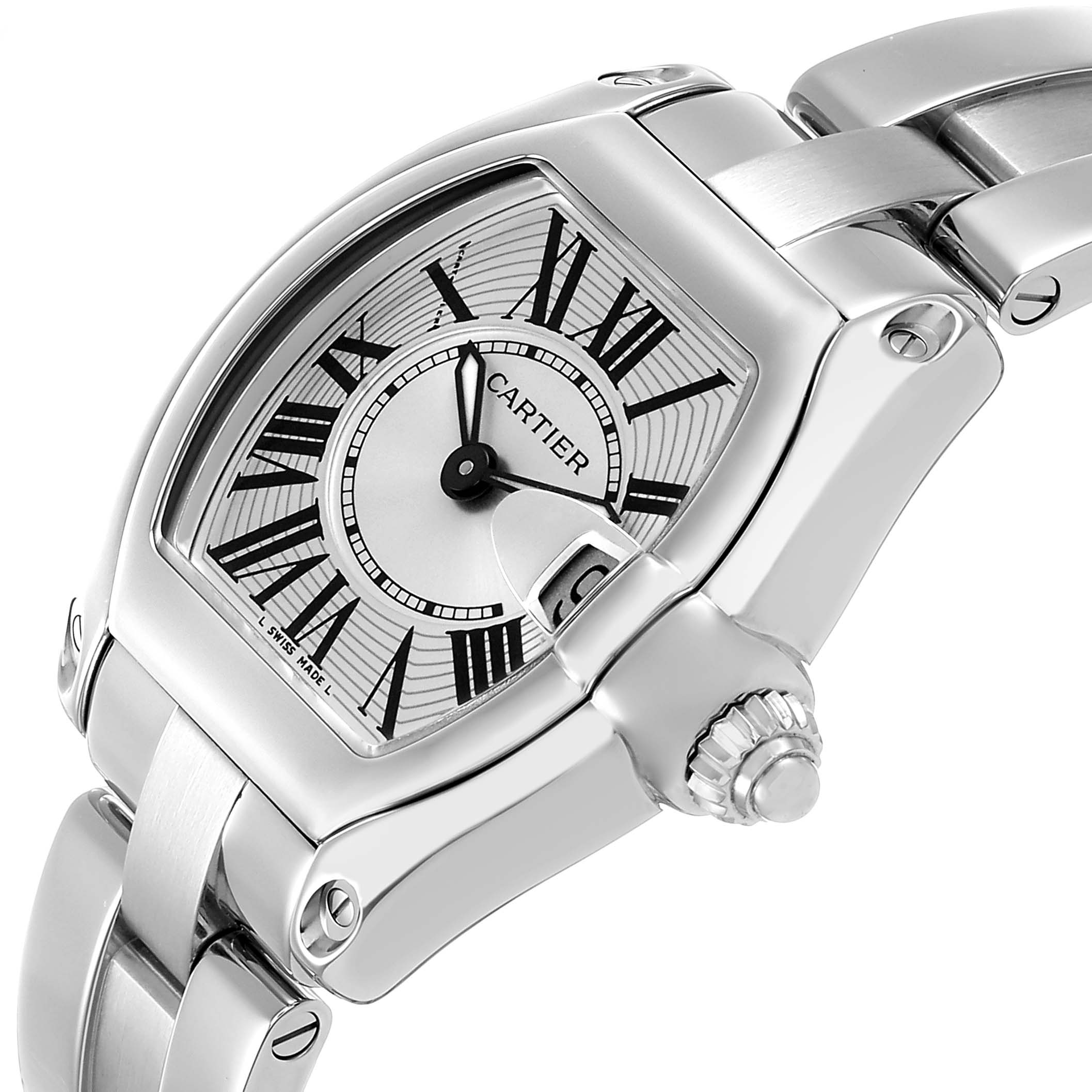 The Cartier Roadster W62016V3 Women's Stainless Steel Silver Dial watch is shown at an angled close-up, highlighting the dial, crown, and part of the bracelet.