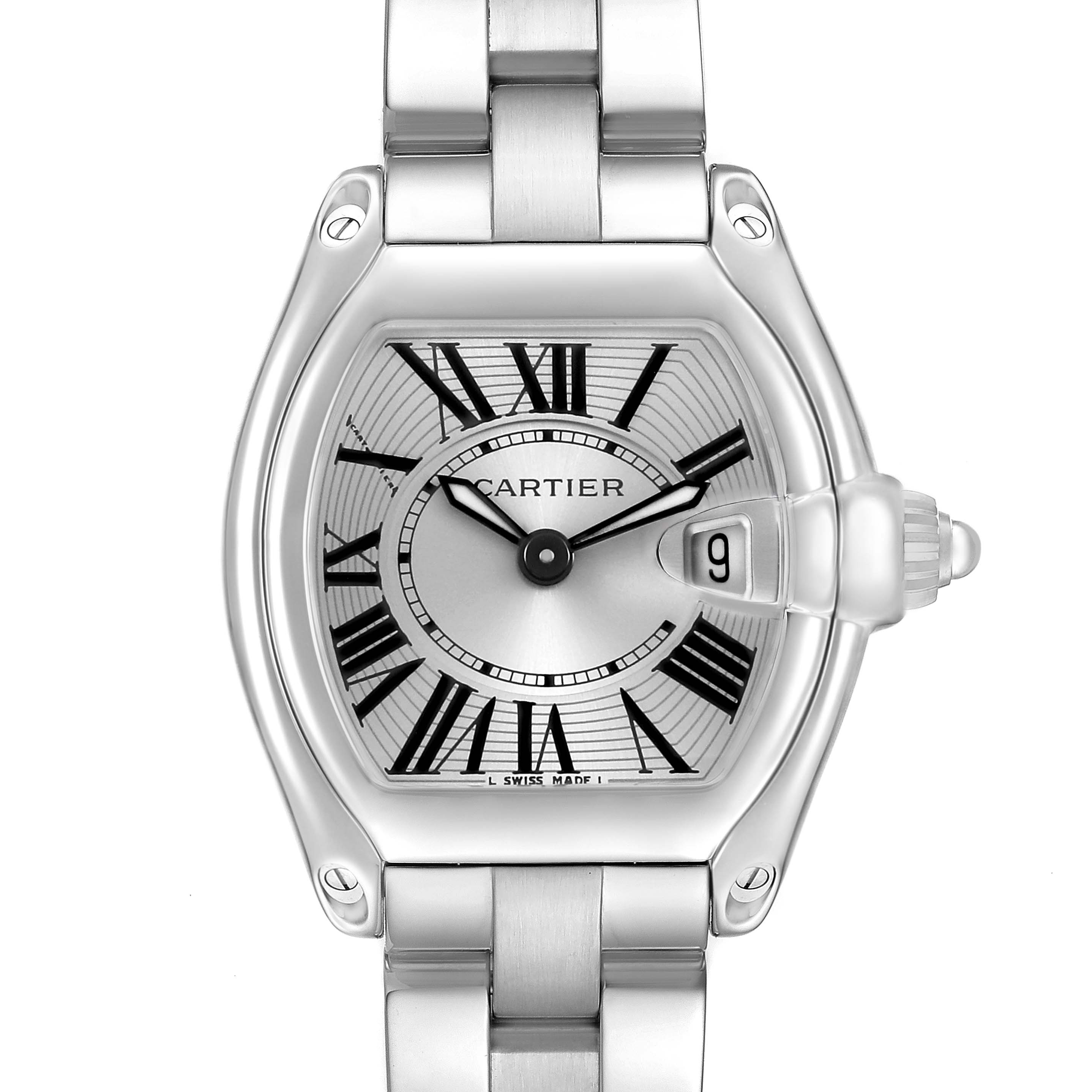 The Cartier Roadster W62016V3 Women's Stainless Steel Silver Dial watch is shown from the front, highlighting its dial, Roman numerals, and date magnifier.