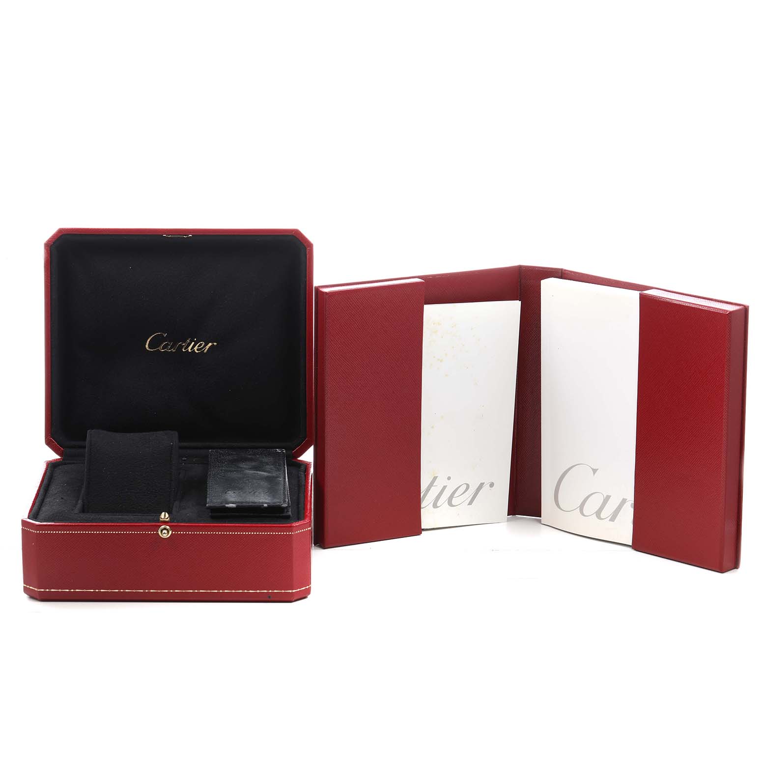 The image shows a red Cartier Roadster W62016V3 Women's Stainless Steel Silver Dial watch box open, displaying the inner cushioning and documentation.
