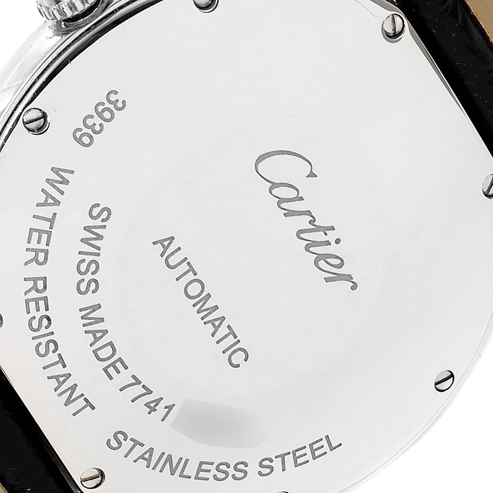 The image shows the back case of the Cartier Ronde WSRN0021 Men
s Stainless Steel Silver Dial WSRN0021 Men
s Stainless Steel Silver Dial watch, highlighting its specifications and branding.