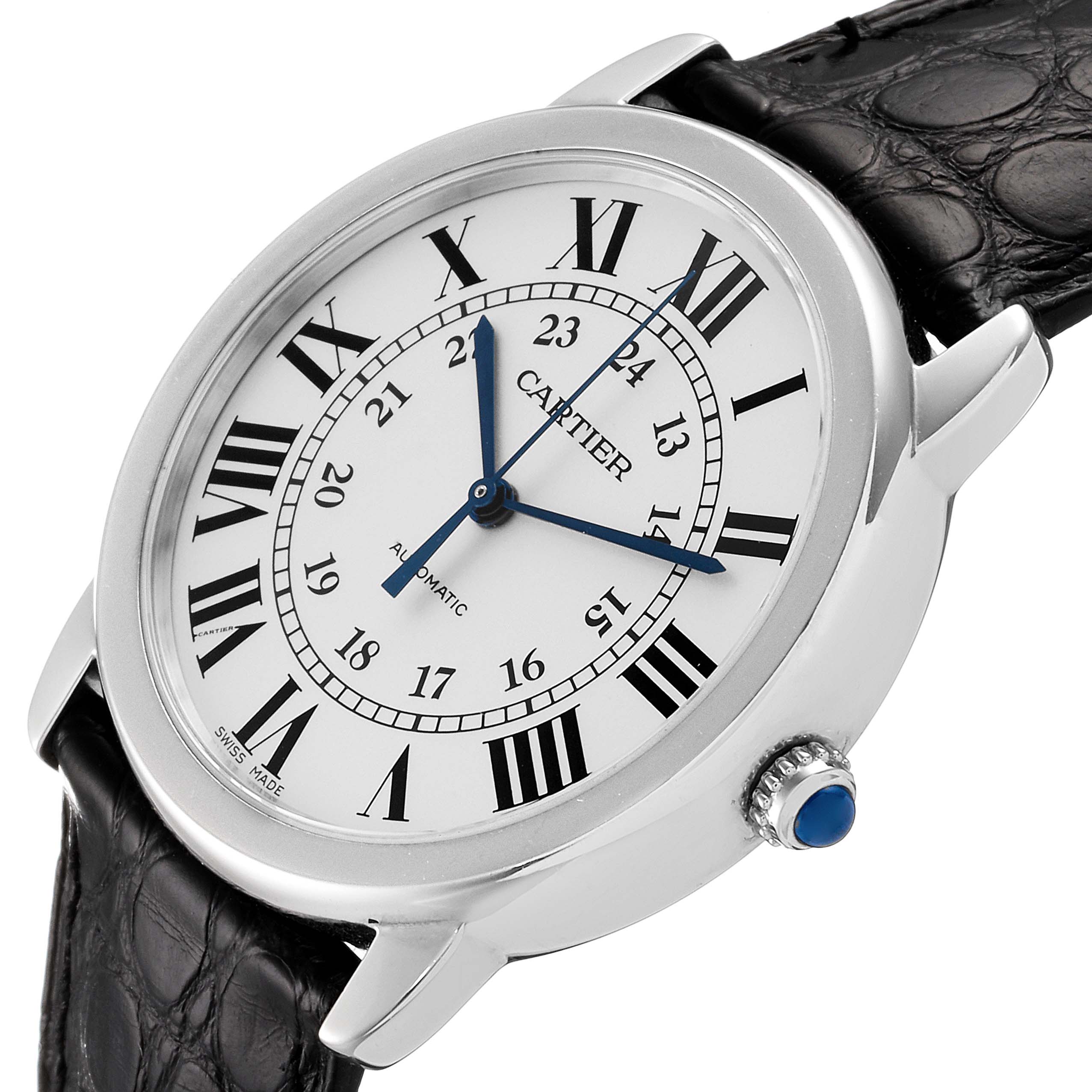 The image shows a Cartier Ronde WSRN0021 Men
s Stainless Steel Silver Dial WSRN0021 Men
s Stainless Steel Silver Dial watch at an angle, highlighting the face, Roman numerals, hands, and part of the leather strap.
