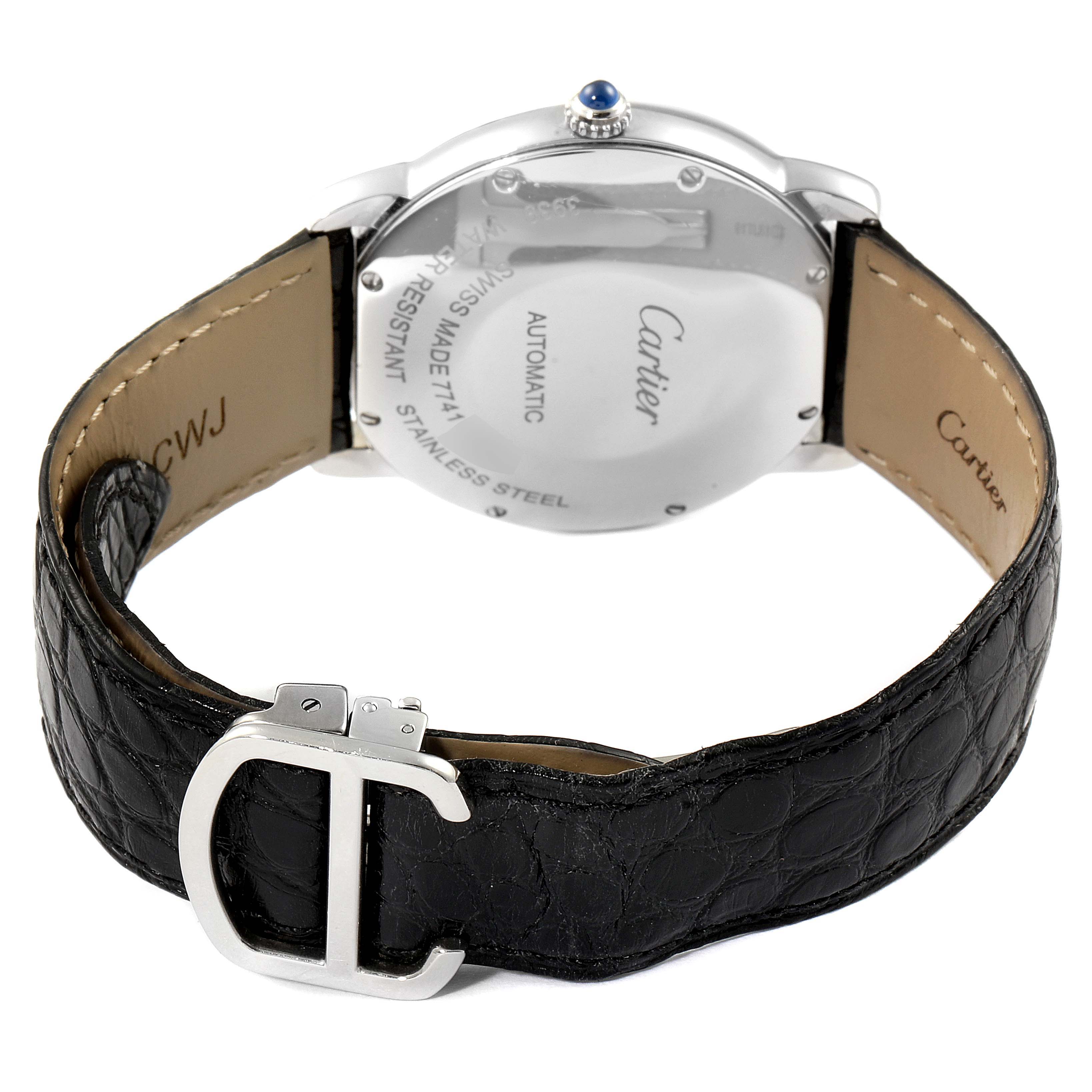 The image shows the back of the Cartier Ronde WSRN0021 Men
s Stainless Steel Silver Dial WSRN0021 Men
s Stainless Steel Silver Dial watch, featuring its case back, leather strap, and buckle.