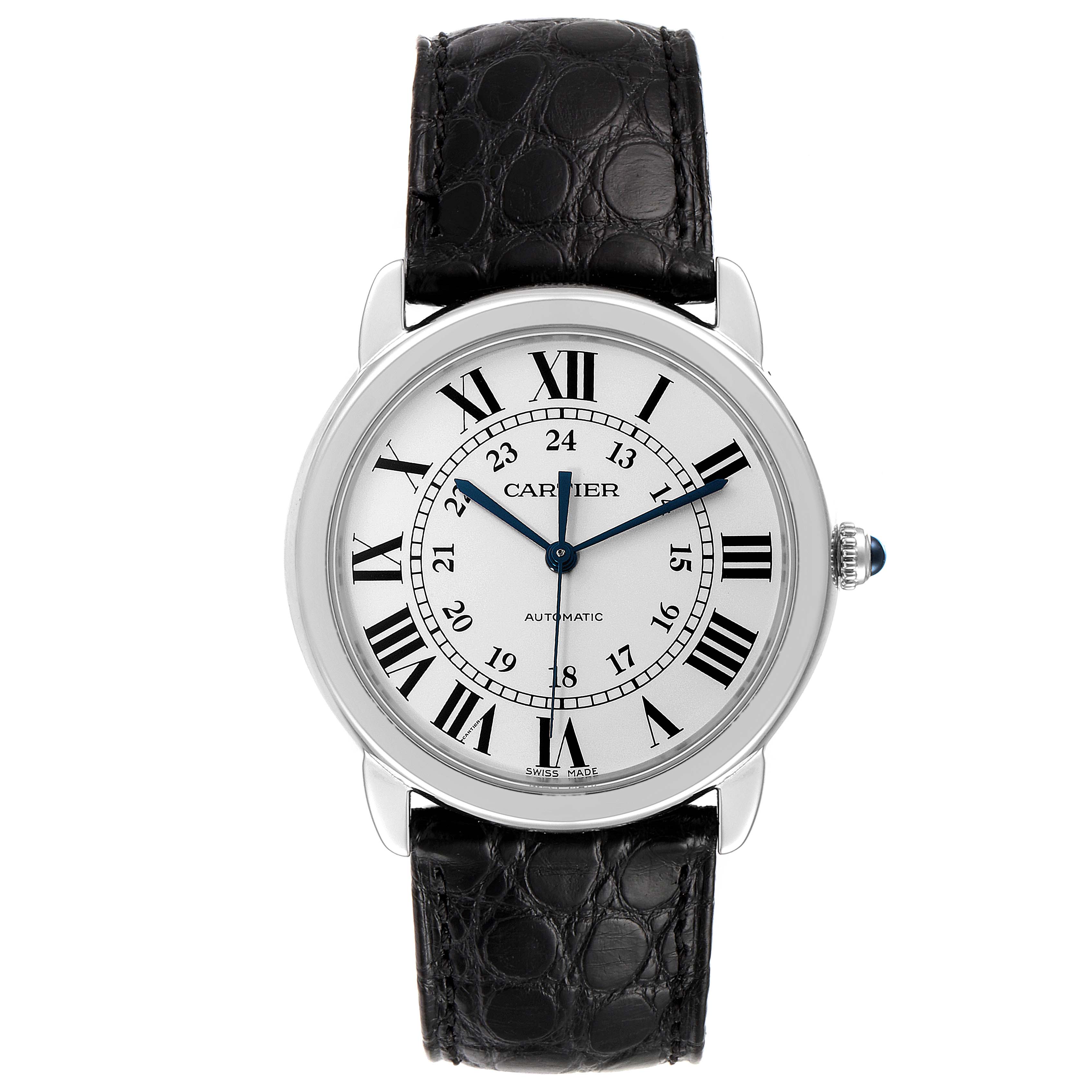The Cartier Ronde WSRN0021 Men
s Stainless Steel Silver Dial WSRN0021 Men
s Stainless Steel Silver Dial watch is shown from a top view showcasing the face, bezel, and leather strap.