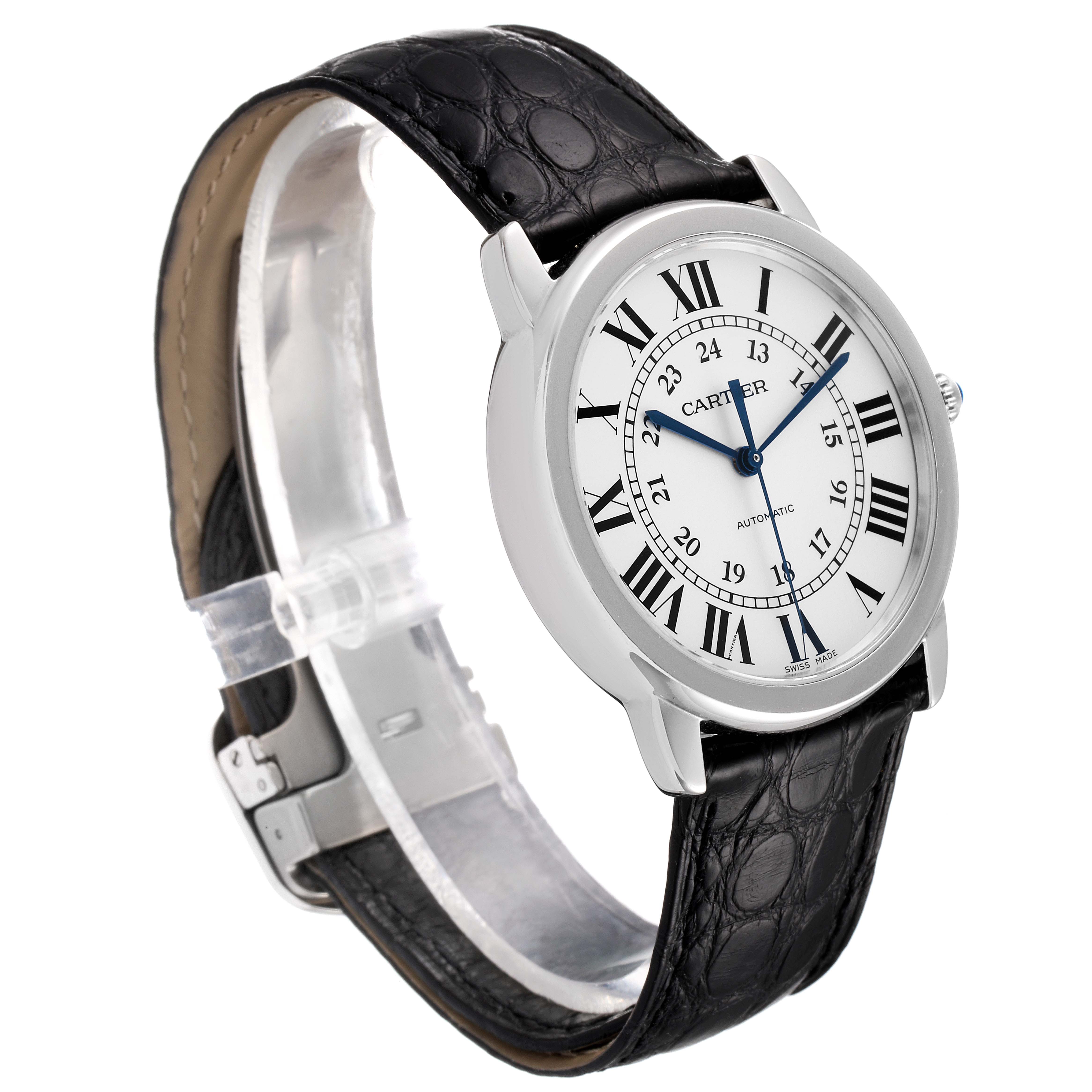 The Cartier Ronde WSRN0021 Men
s Stainless Steel Silver Dial WSRN0021 Men
s Stainless Steel Silver Dial watch is shown from a three-quarter view, displaying its face, black leather strap, and clasp.