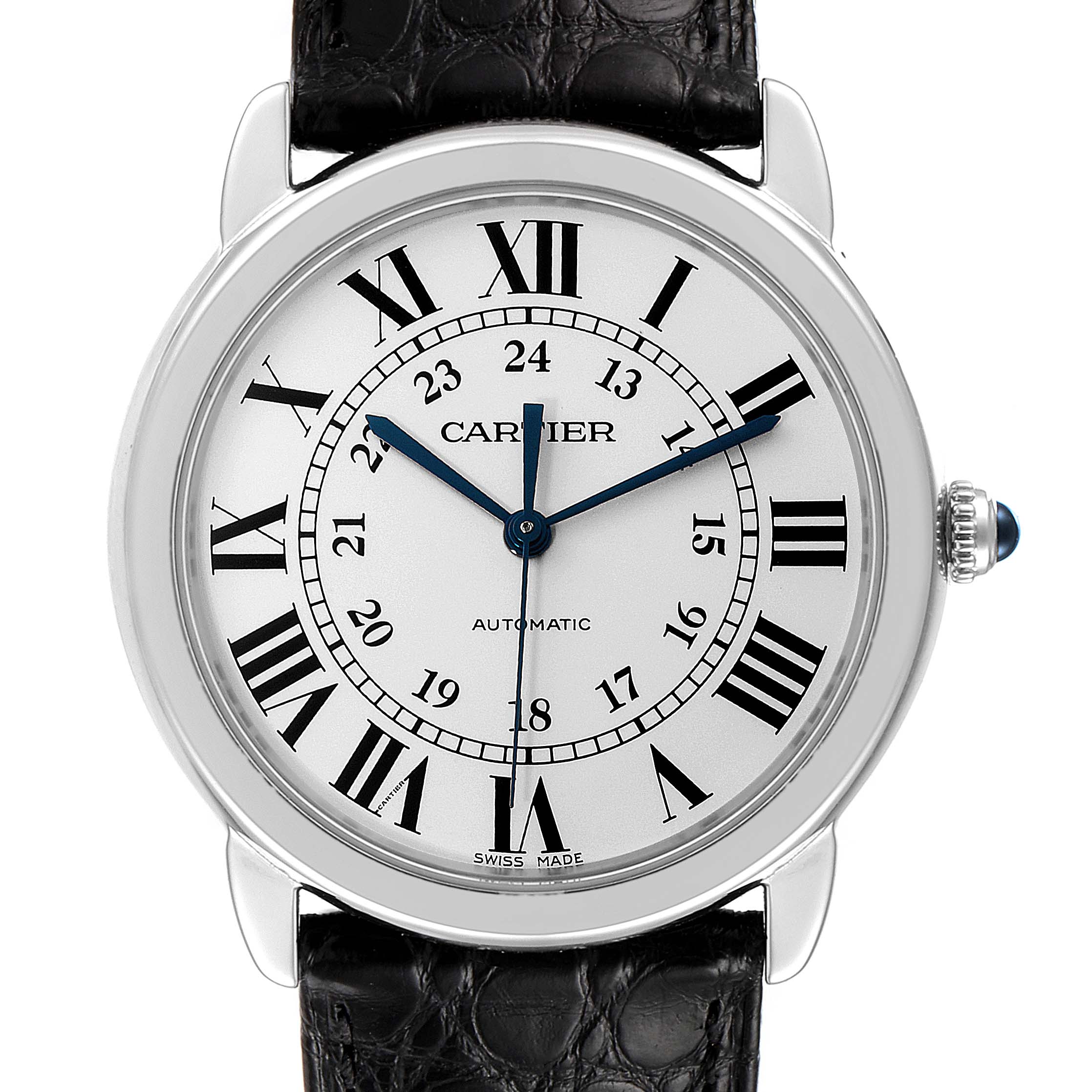 The Cartier Ronde WSRN0021 Men
s Stainless Steel Silver Dial WSRN0021 Men
s Stainless Steel Silver Dial model watch is shown from a front angle, displaying its dial, hour markers, hands, and leather strap.