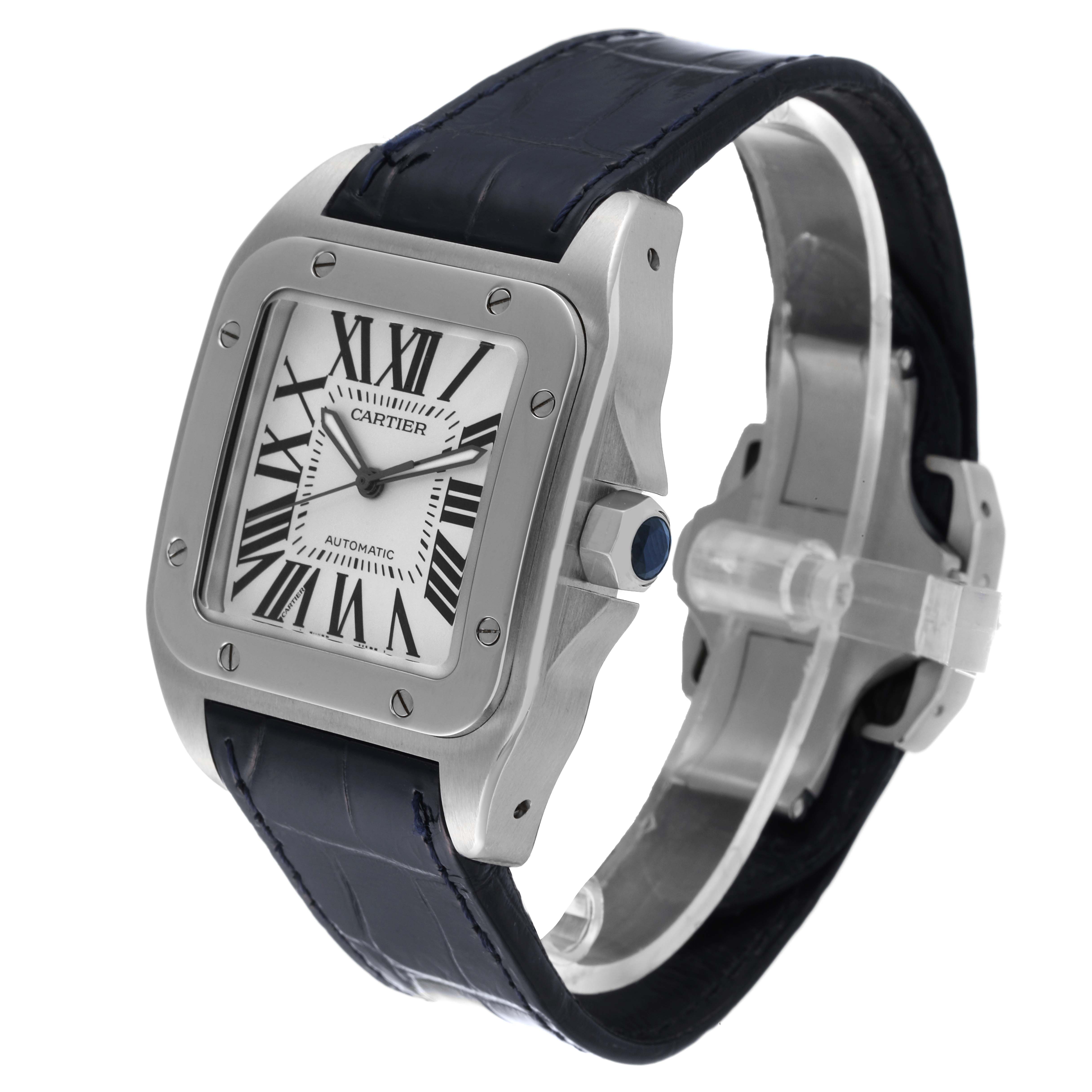 The image displays a side angle of the Cartier Santos W20073X8 Men
s Stainless Steel Silver Dial W20073X8 Men
s Stainless Steel Silver Dial watch, highlighting its square case, leather strap, and crown.