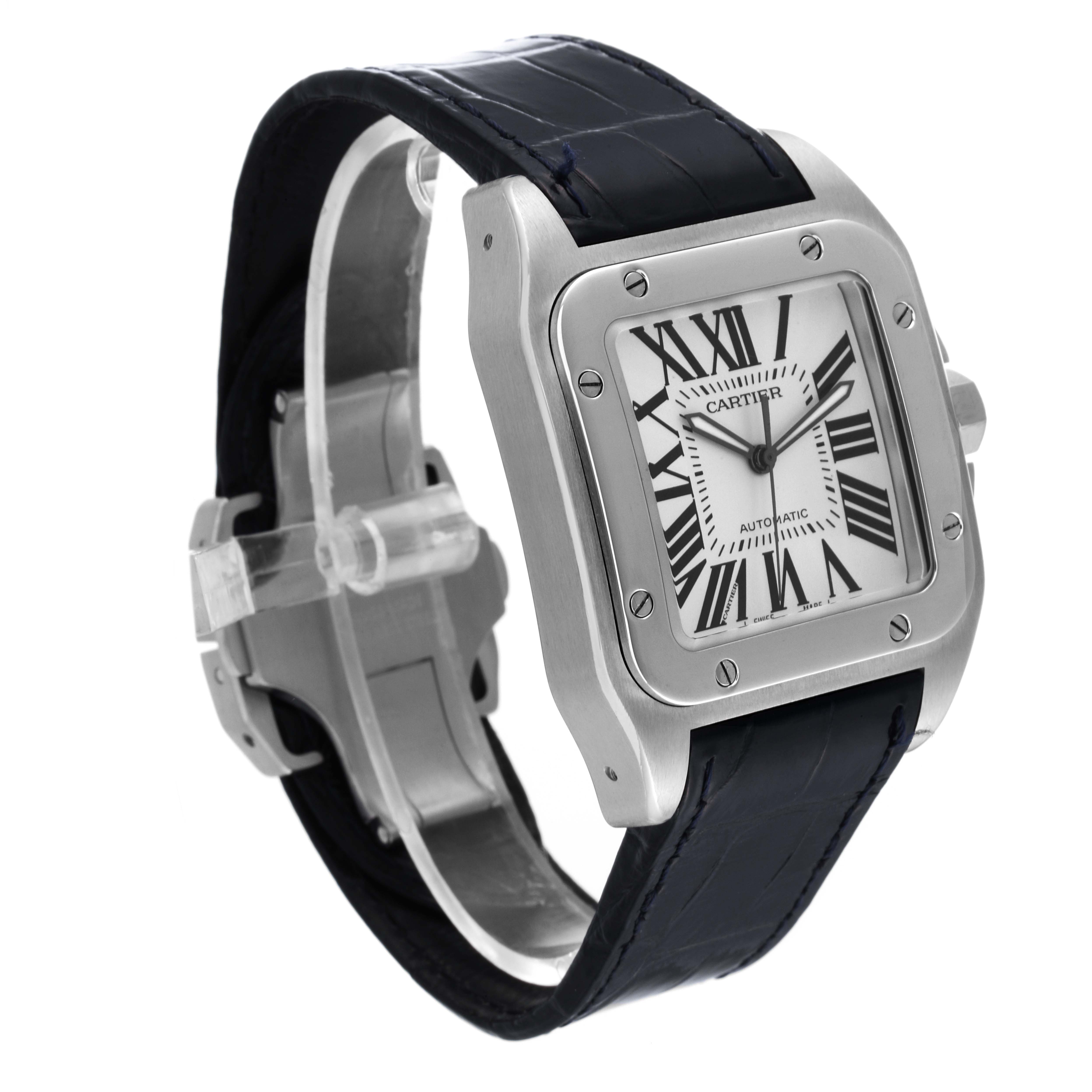 This image shows a side and angled view of a Cartier Santos W20073X8 Men
s Stainless Steel Silver Dial W20073X8 Men
s Stainless Steel Silver Dial model watch, displaying its face, case, and leather strap.