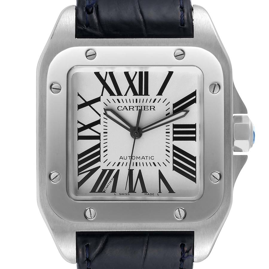 Cartier Santos 100 Silver Dial Black Strap Steel Mens Watch W20073X8 SwissWatchExpo