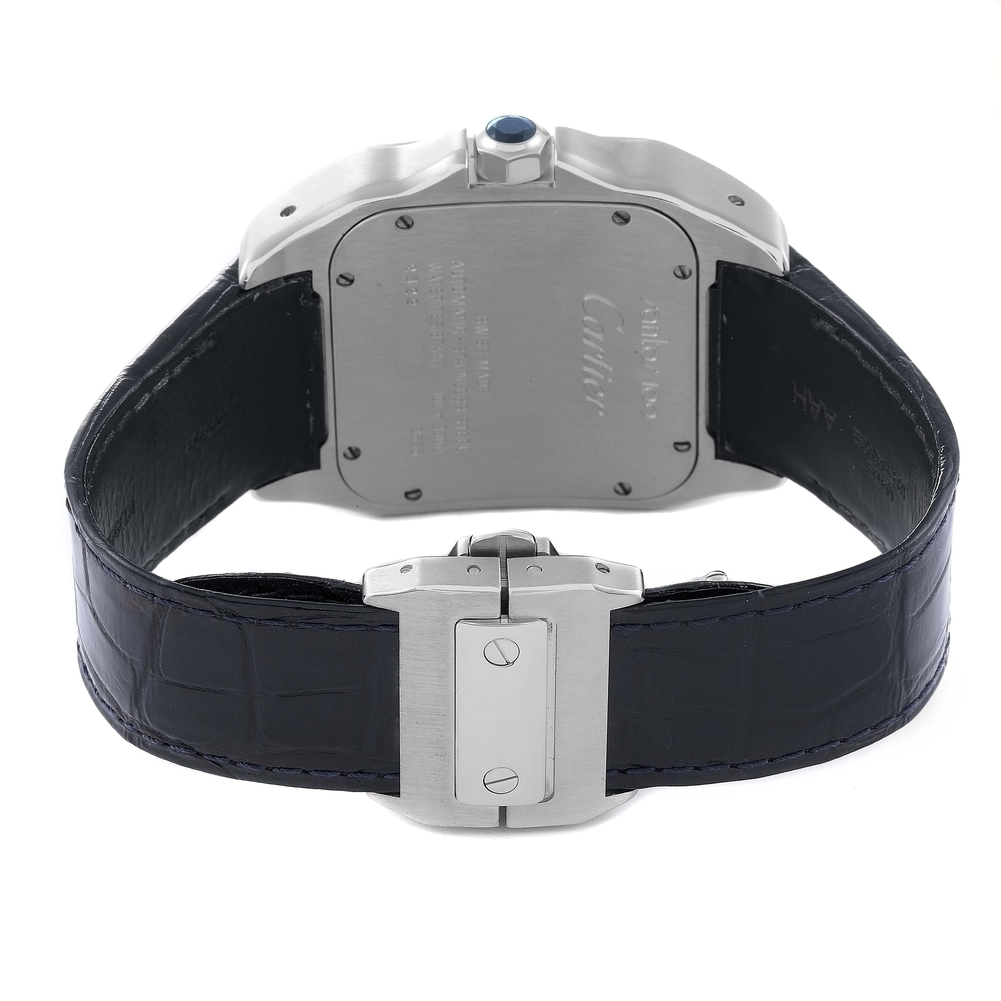 This image shows the back casing and leather strap of a Cartier Santos W20073X8 Men
s Stainless Steel Silver Dial W20073X8 Men
s Stainless Steel Silver Dial watch from a rear angle.