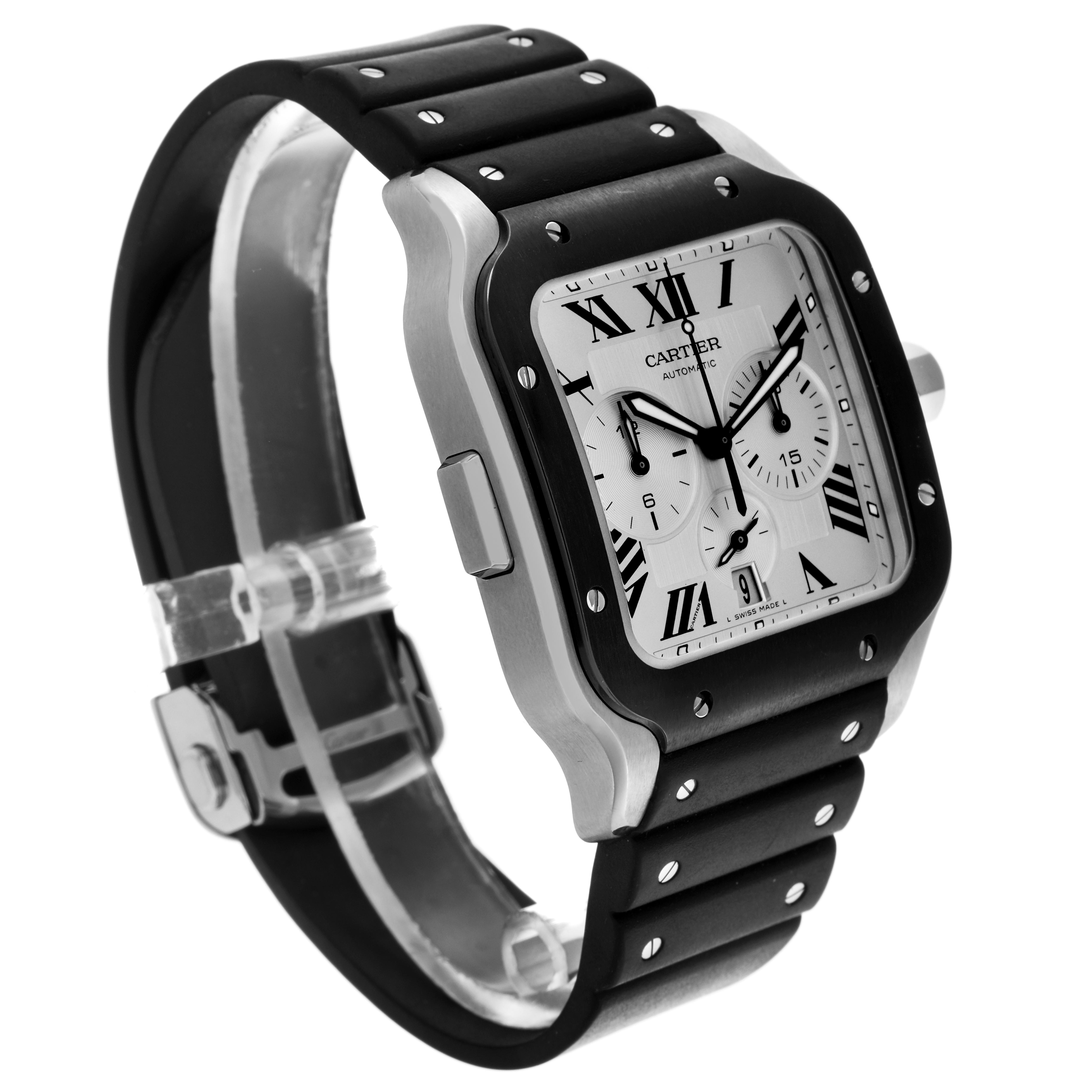 The Cartier Santos WSSA0017 Men
s Stainless Steel Silver Dial WSSA0017 Men
s Stainless Steel Silver Dial watch is shown at an angle highlighting its face, bezel, strap, and side button.