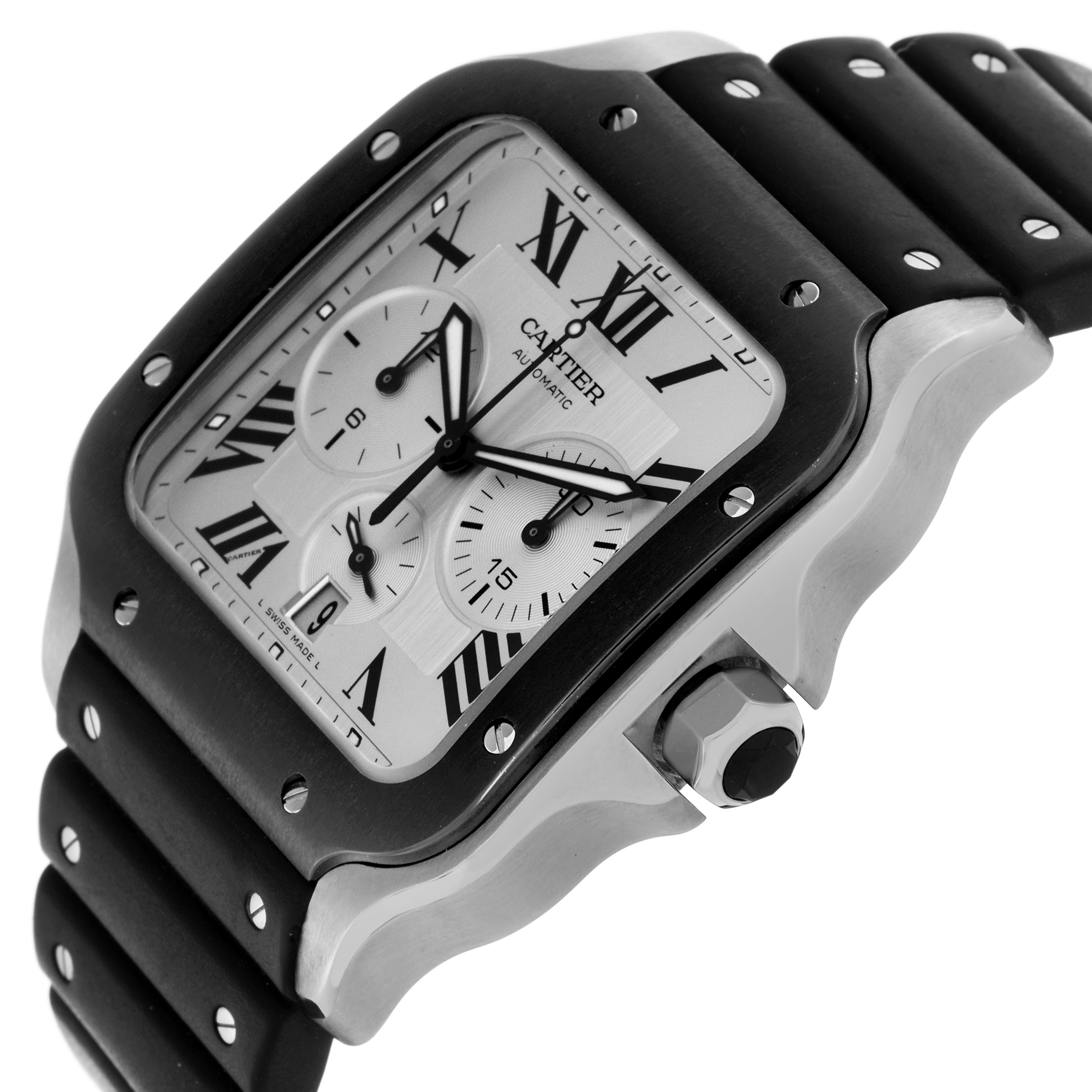 The Cartier Santos WSSA0017 Men
s Stainless Steel Silver Dial WSSA0017 Men
s Stainless Steel Silver Dial watch is shown at a three-quarter angle, highlighting the face, bezel, and part of the bracelet.