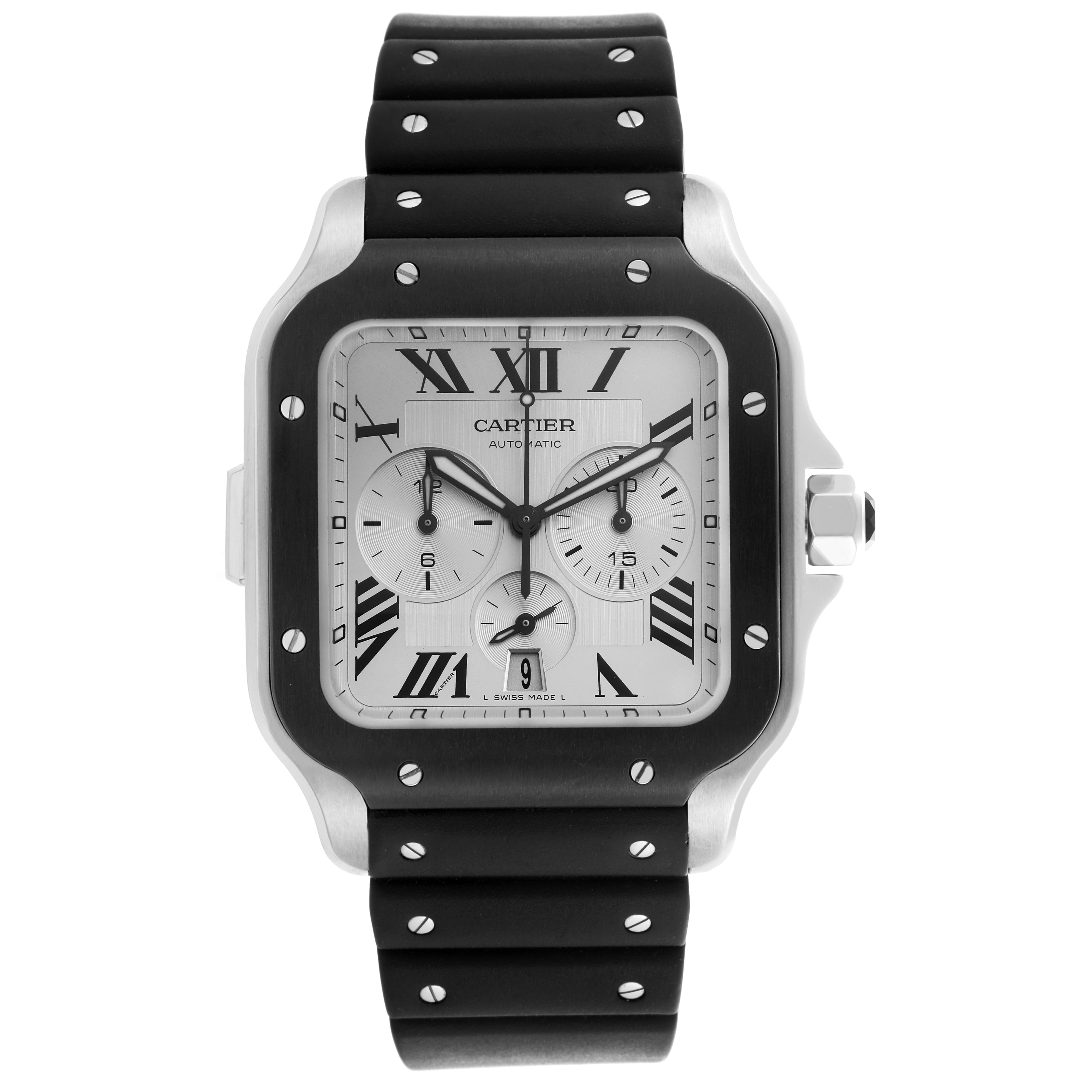 The Cartier Santos WSSA0017 Men
s Stainless Steel Silver Dial WSSA0017 Men
s Stainless Steel Silver Dial watch is shown from a front angle, displaying the face, bezel, and part of the strap.