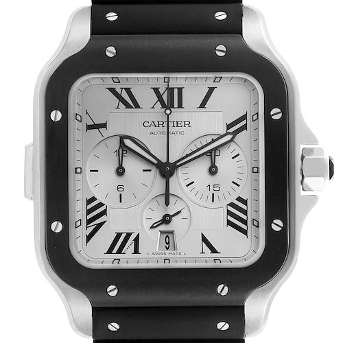 The Cartier Santos watch is shown from the front, highlighting its face, subdials, date window, and crown.