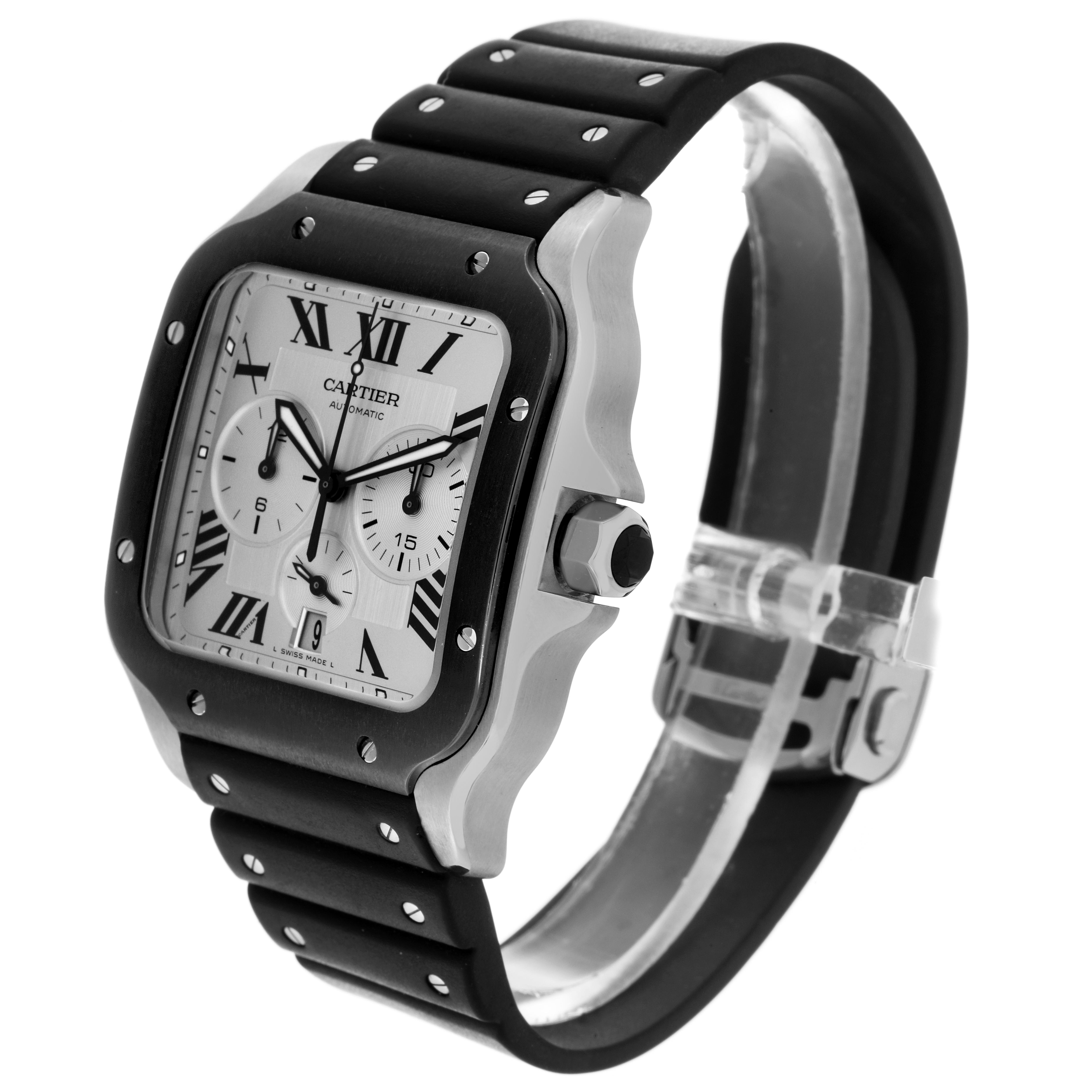 The Cartier Santos WSSA0017 Men
s Stainless Steel Silver Dial WSSA0017 Men
s Stainless Steel Silver Dial watch is shown from a 3/4 angle highlighting the face, bezel, crown, and strap.