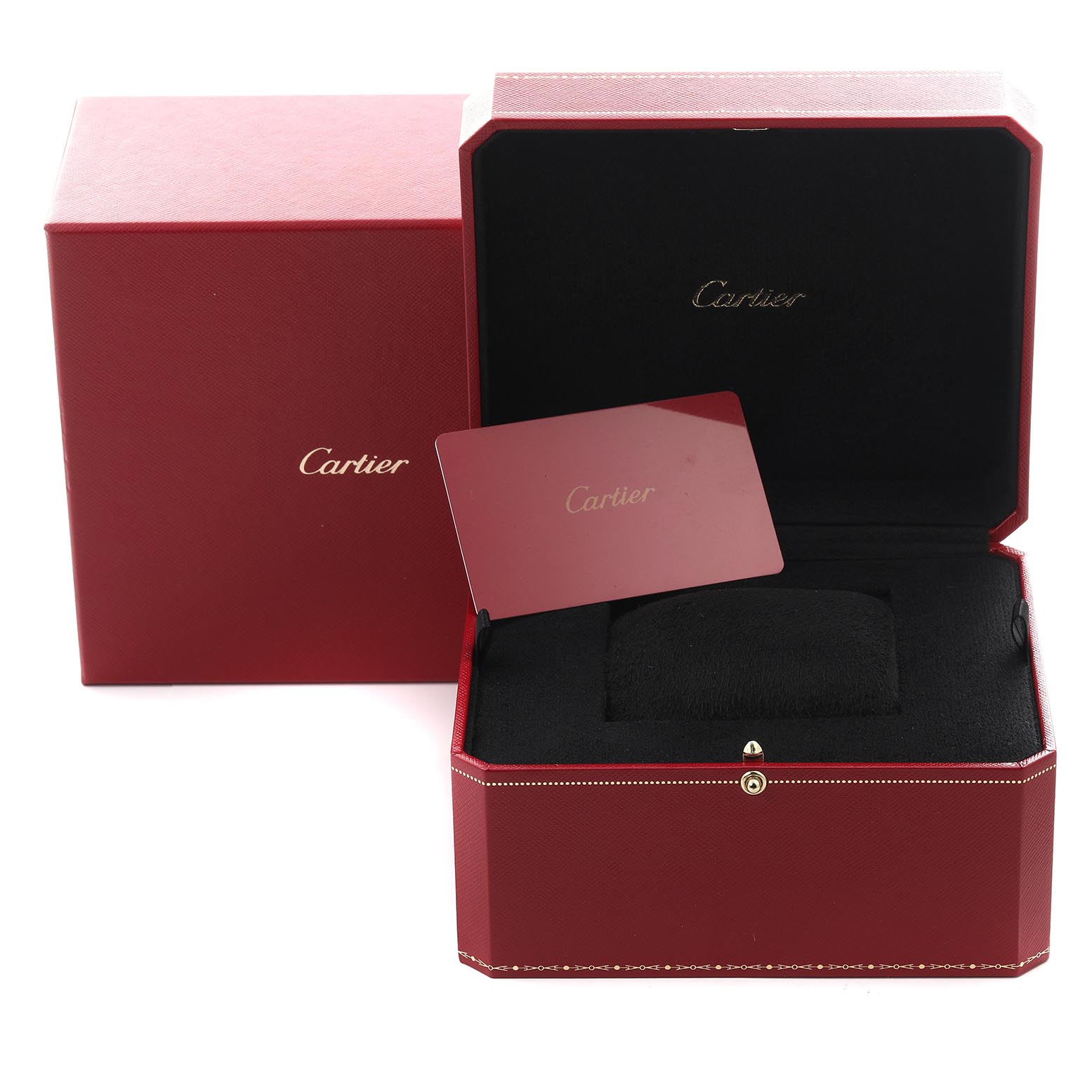 The image shows a Cartier Santos WSSA0017 Men
s Stainless Steel Silver Dial WSSA0017 Men
s Stainless Steel Silver Dial watch box, card, and cushion at an angle displaying the open box with accessories inside.