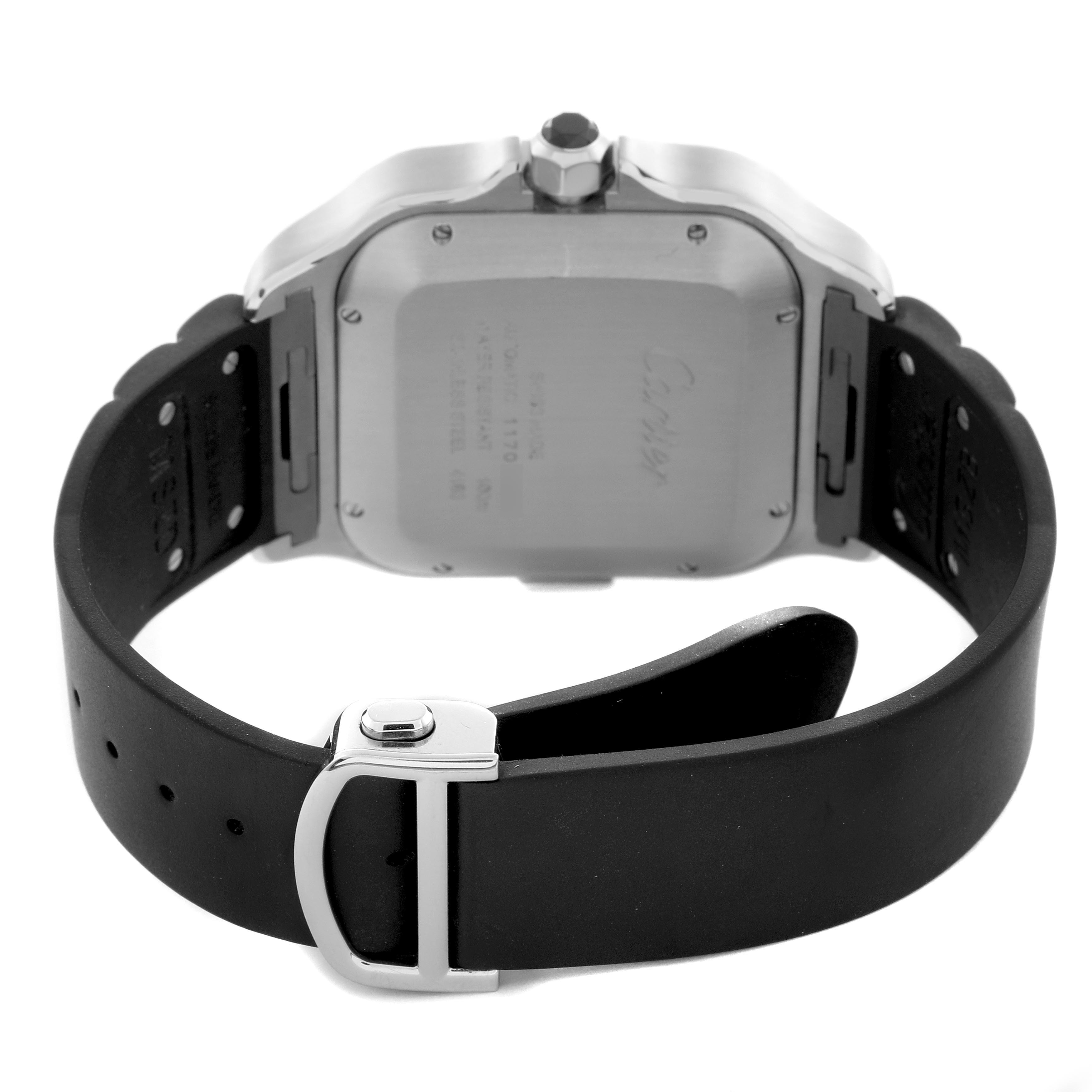 The image shows the back view of a Cartier Santos WSSA0017 Men
s Stainless Steel Silver Dial WSSA0017 Men
s Stainless Steel Silver Dial watch, highlighting the case back and buckle of the strap.