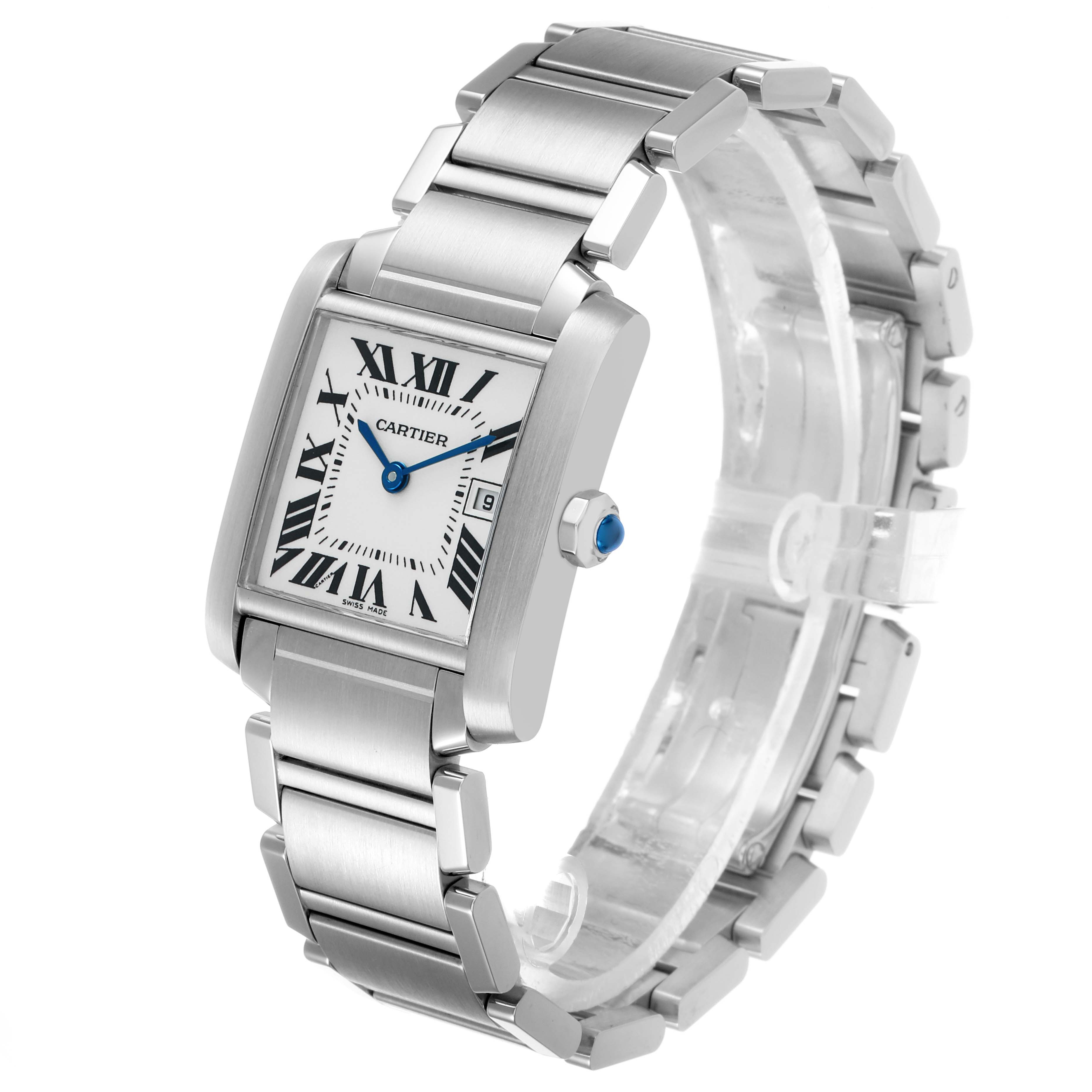 The Cartier Tank Française watch is shown from a three-quarter angle, displaying the face, bracelet, and side profile including the crown.