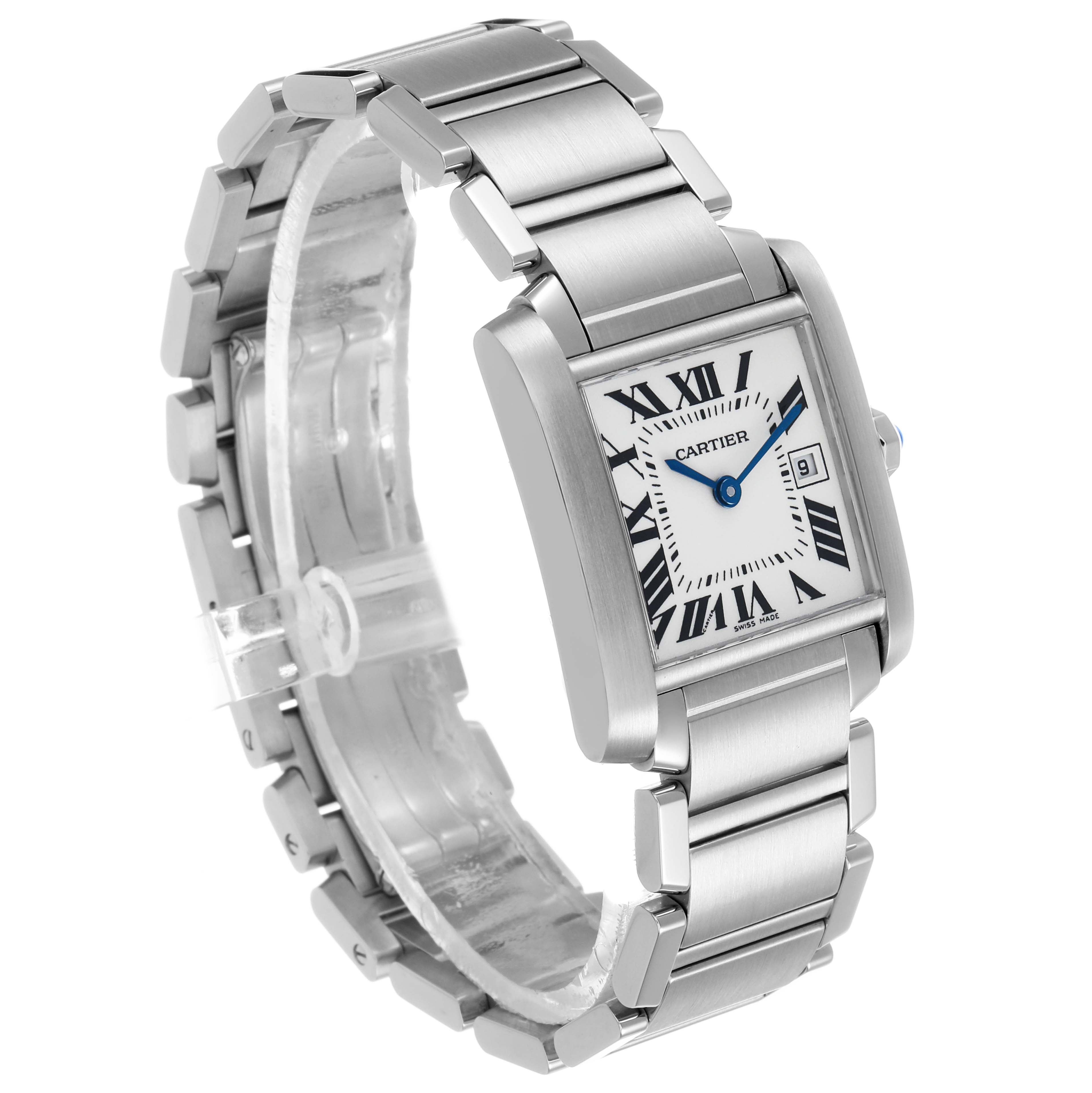 The Cartier Tank Francaise W51011Q3 Women's Stainless Steel Silver Dial watch is shown at a three-quarter angle, highlighting its rectangular face, Roman numerals, and metal bracelet.