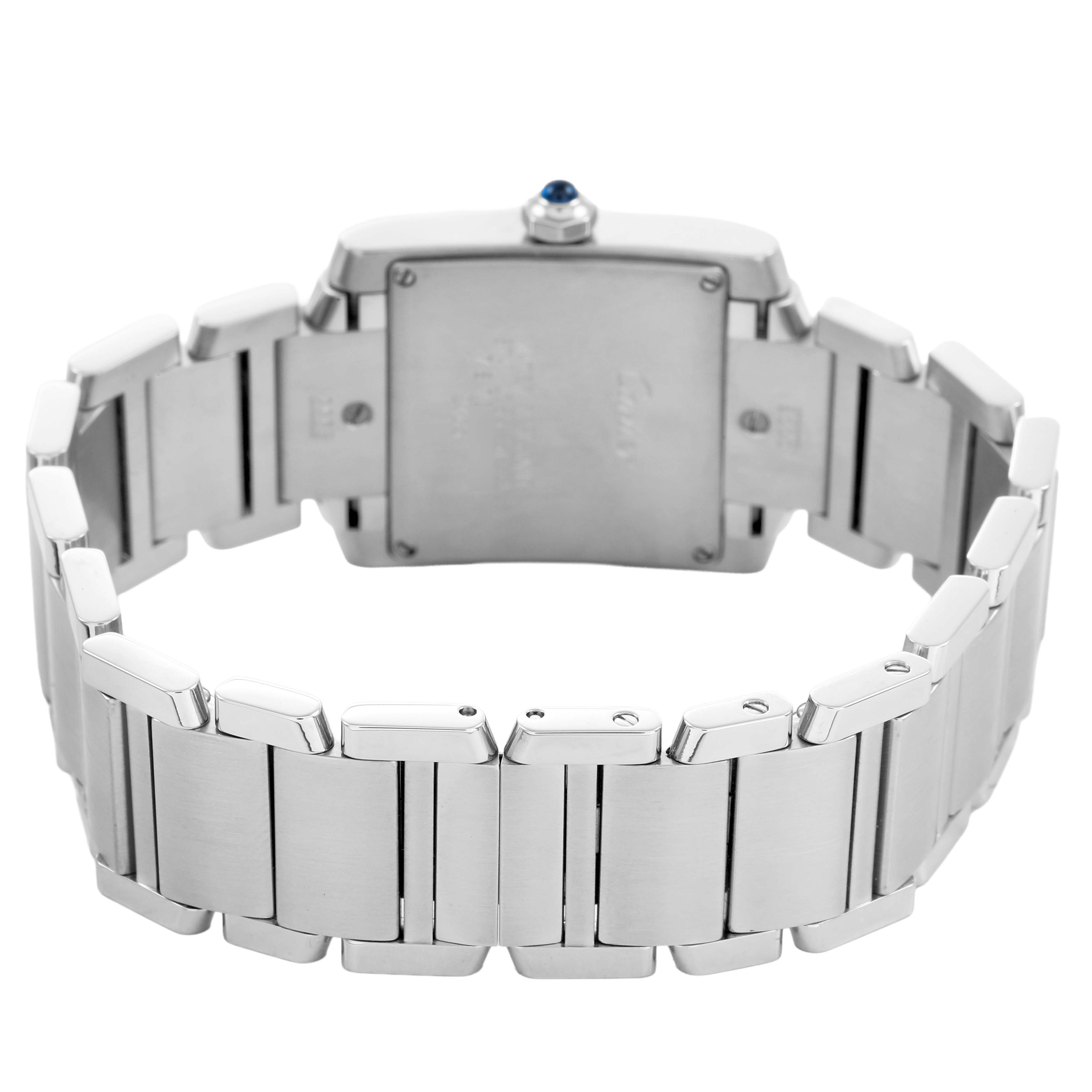 The image shows the back view of a Cartier Tank Francaise W51011Q3 Women's Stainless Steel Silver Dial watch, highlighting the bracelet and case back.