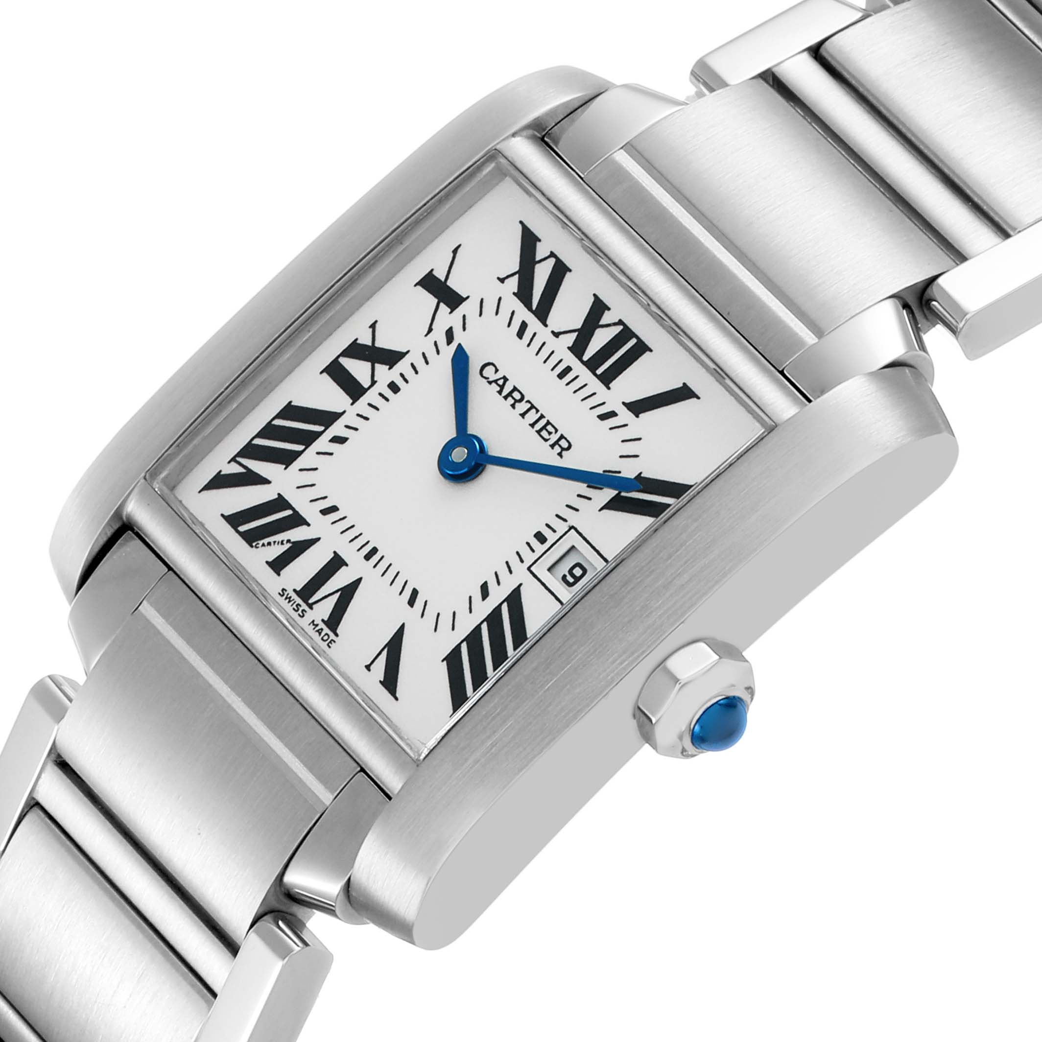 The Cartier Tank Francaise W51011Q3 Women's Stainless Steel Silver Dial watch is shown at an angled view, highlighting its rectangular face, Roman numerals, and bracelet.