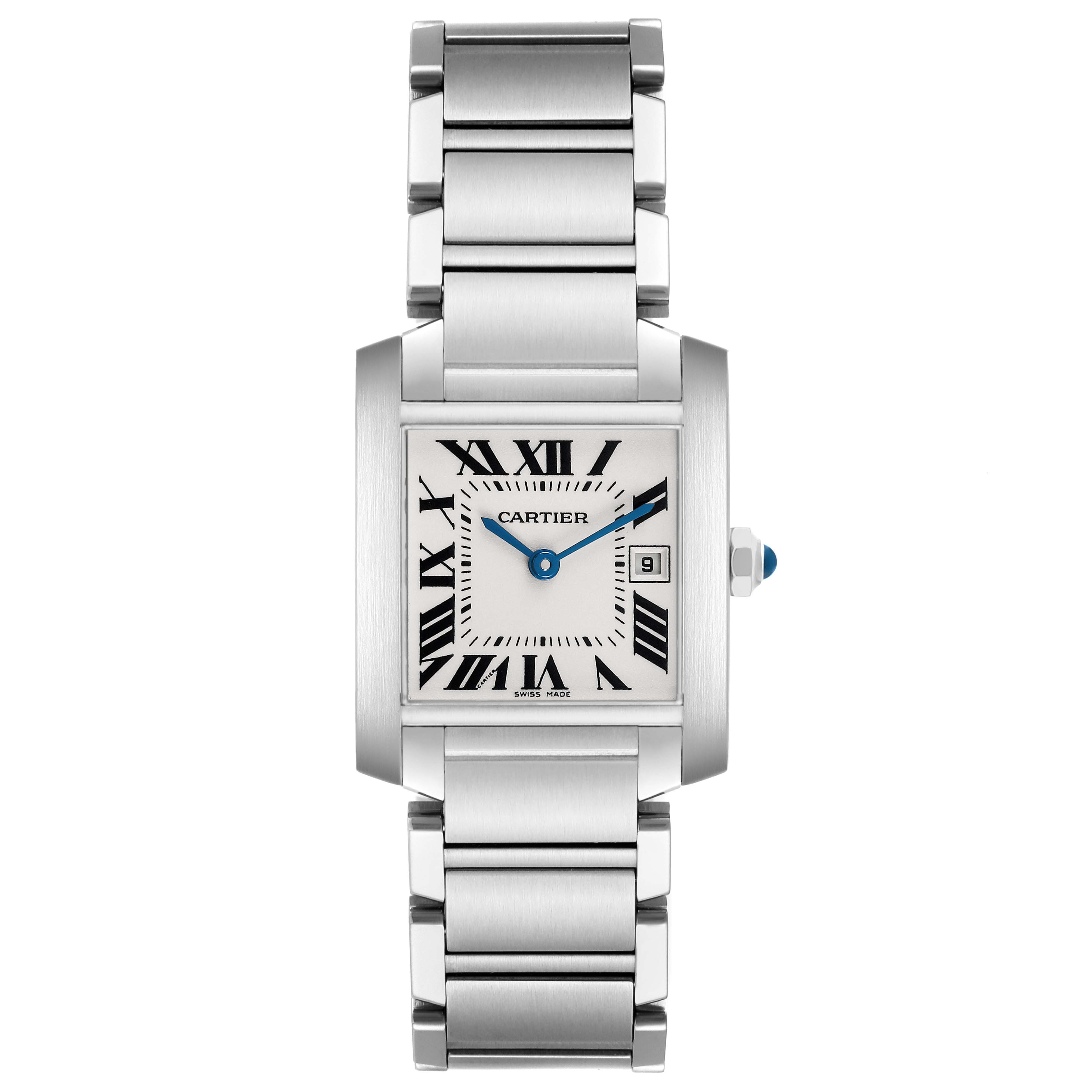 The Cartier Tank Française watch is shown from a front angle, featuring its dial, bracelet, and crown.