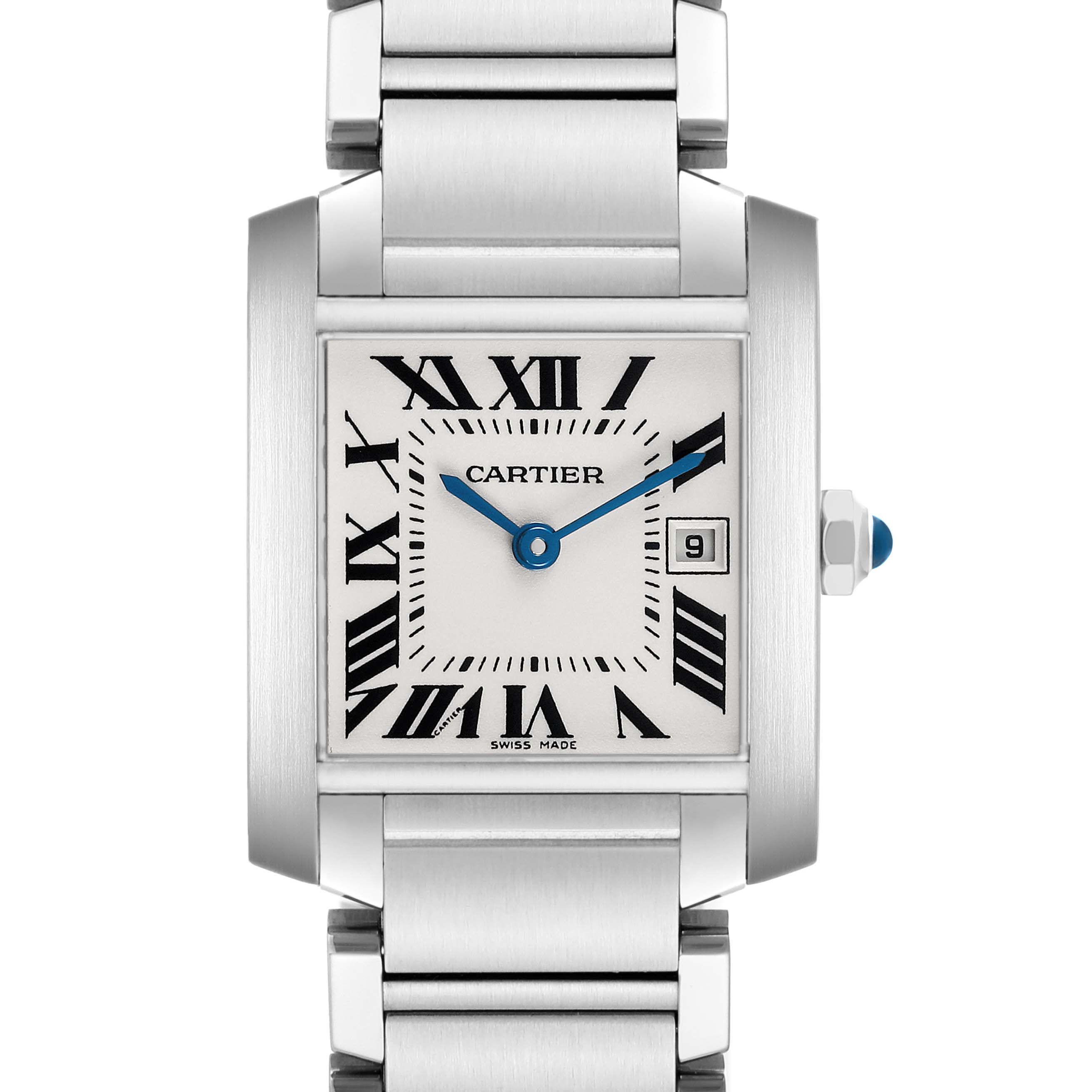 The Cartier Tank Francaise W51011Q3 Women's Stainless Steel Silver Dial watch is shown from the front, highlighting the dial, Roman numerals, and metal bracelet.