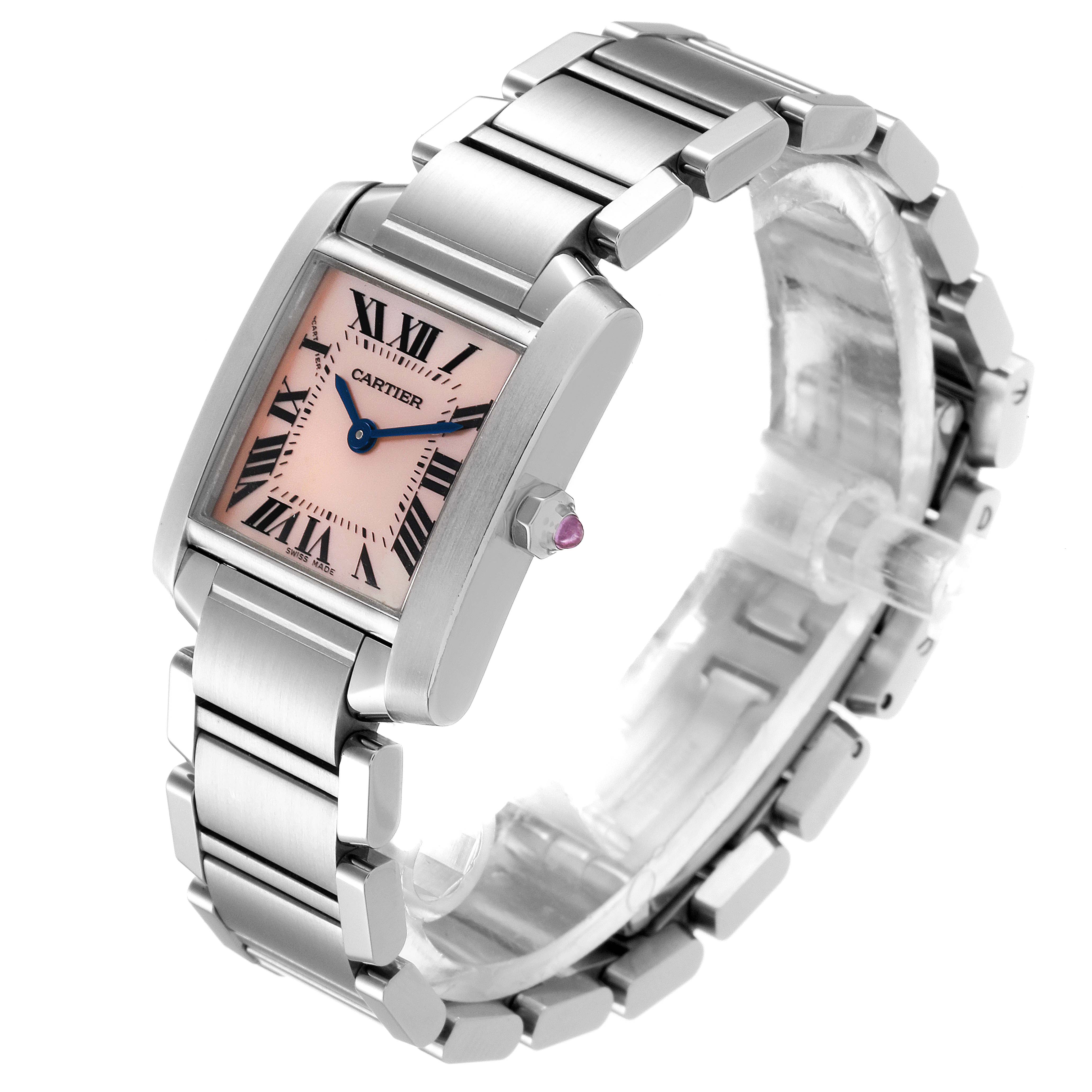 The image shows a Cartier Tank Française watch at a three-quarter angle, highlighting its face, crown, and metal bracelet.