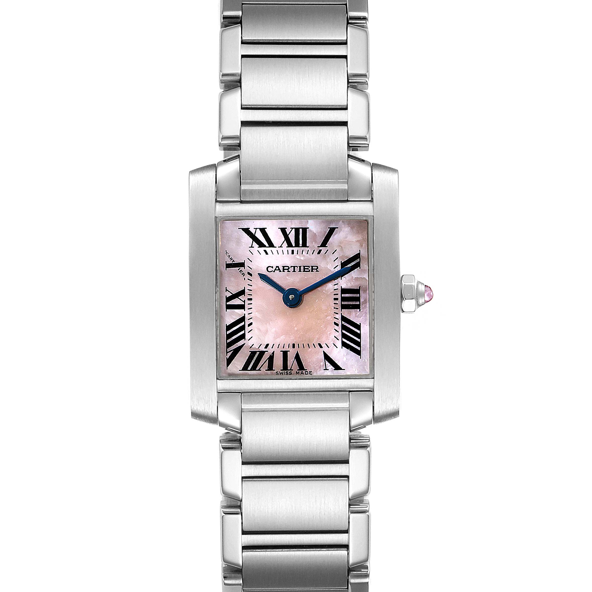 The image shows a Tank Francaise model watch by Cartier from a front angle, displaying its face, dial, and metal bracelet.