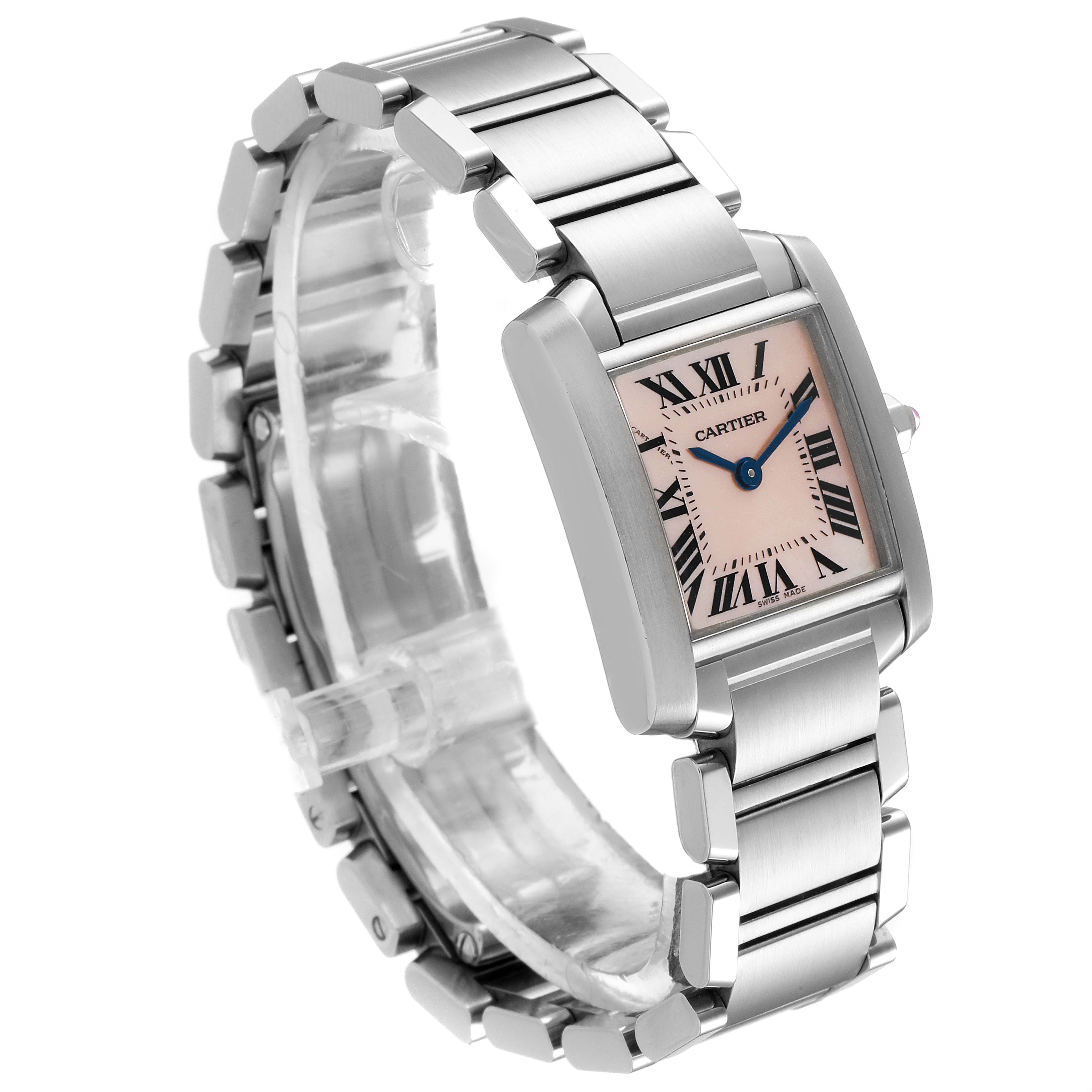 This image shows a Cartier Tank Francaise W51028Q3 Women's Stainless Steel Mother of Pearl Dial W51028Q3 Women's Stainless Steel Mother of Pearl Dial watch captured at a front-angle view displaying the face, bezel, and stainless steel bracelet.