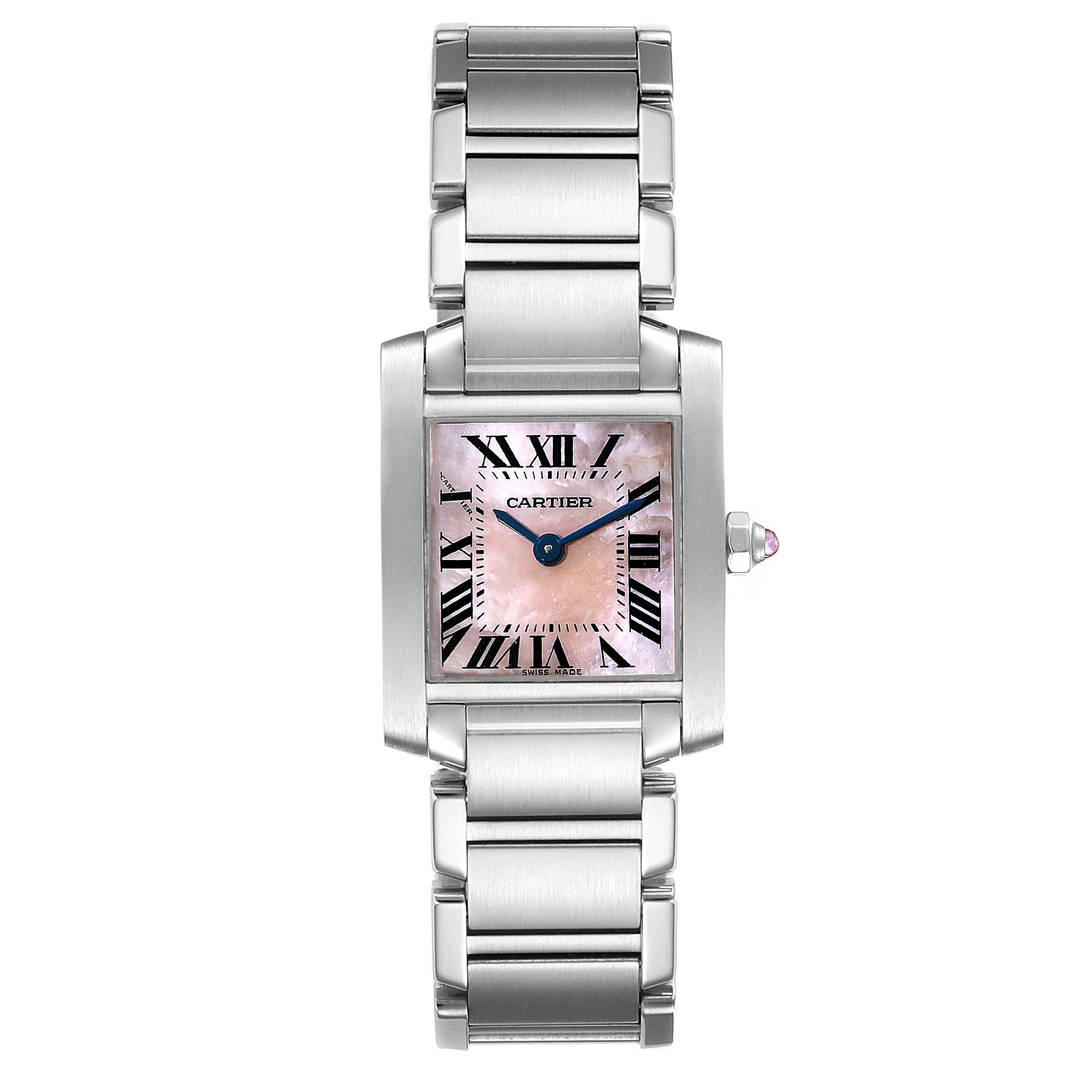 The image shows a front view of the Cartier Tank Francaise W51028Q3 Women's Stainless Steel Mother of Pearl Dial W51028Q3 Women's Stainless Steel Mother of Pearl Dial watch, highlighting its face, bracelet, and crown.