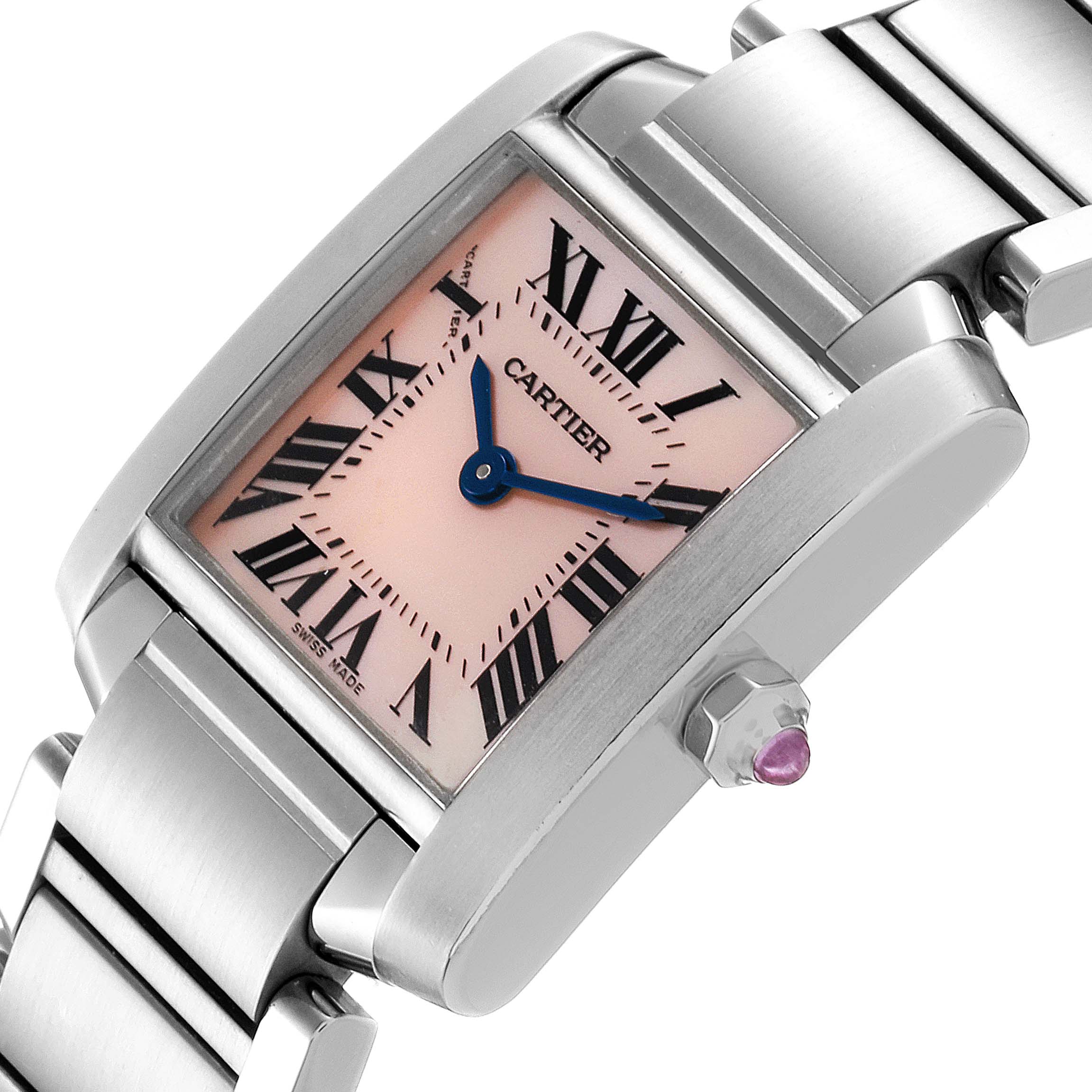 The image shows a close-up angle of the Cartier Tank Francaise W51028Q3 Women's Stainless Steel Mother of Pearl Dial W51028Q3 Women's Stainless Steel Mother of Pearl Dial watch, highlighting its dial, crown, and part of the bracelet.
