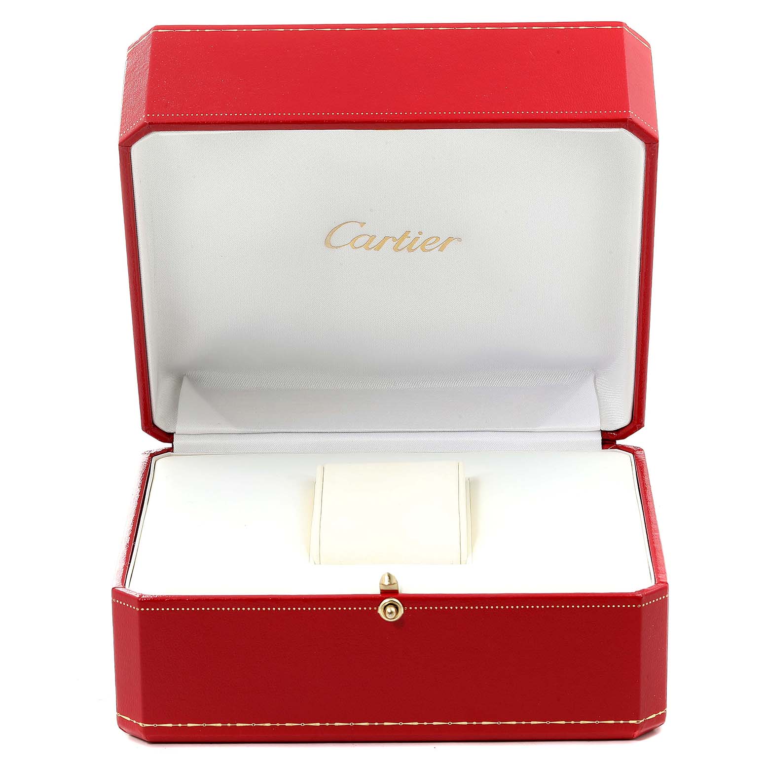 The image shows an open red Cartier watch box for the Tank Française model, displaying the interior and cushion for the watch.