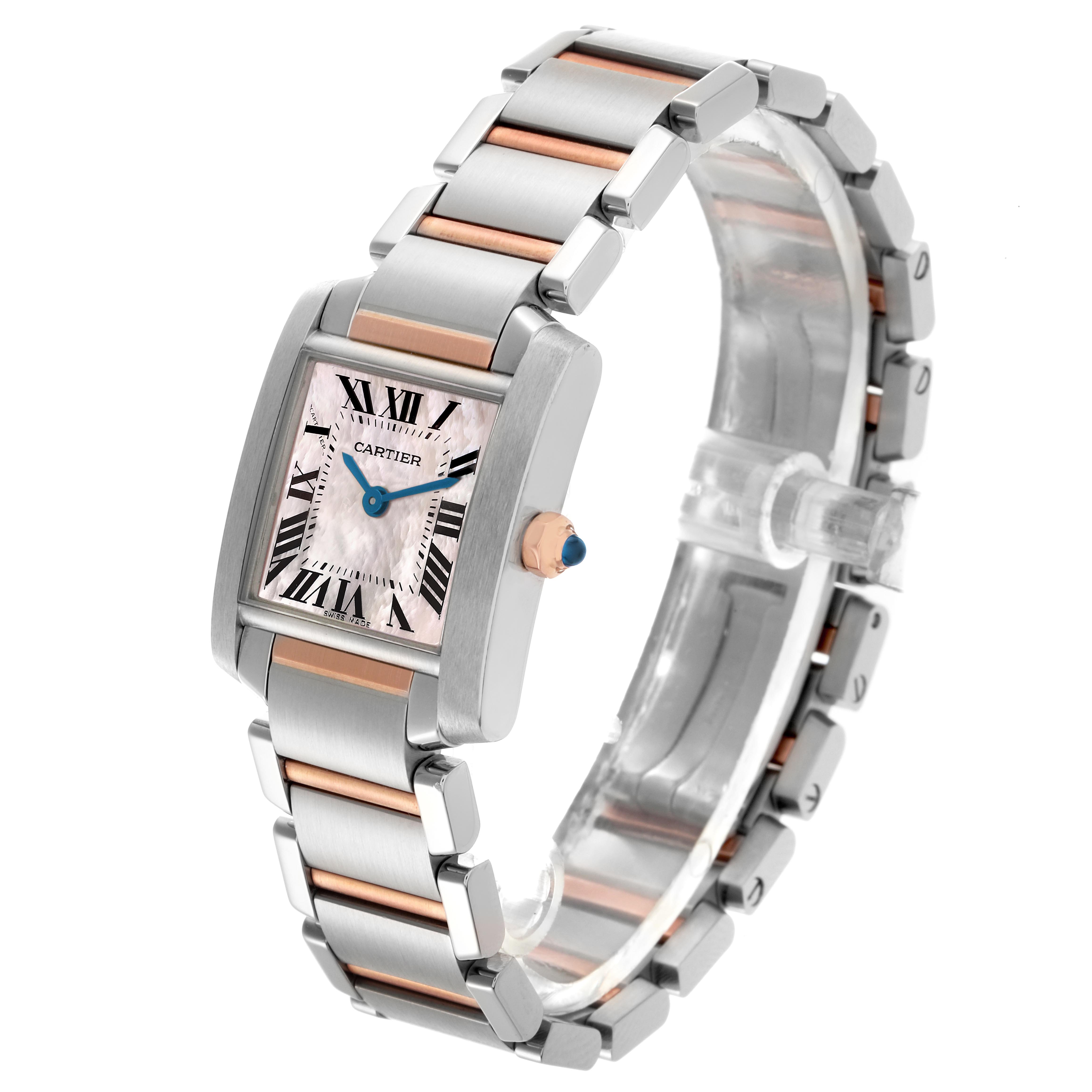The Cartier Tank Française watch is shown at a three-quarter angle, highlighting its face, case, and metal bracelet.
