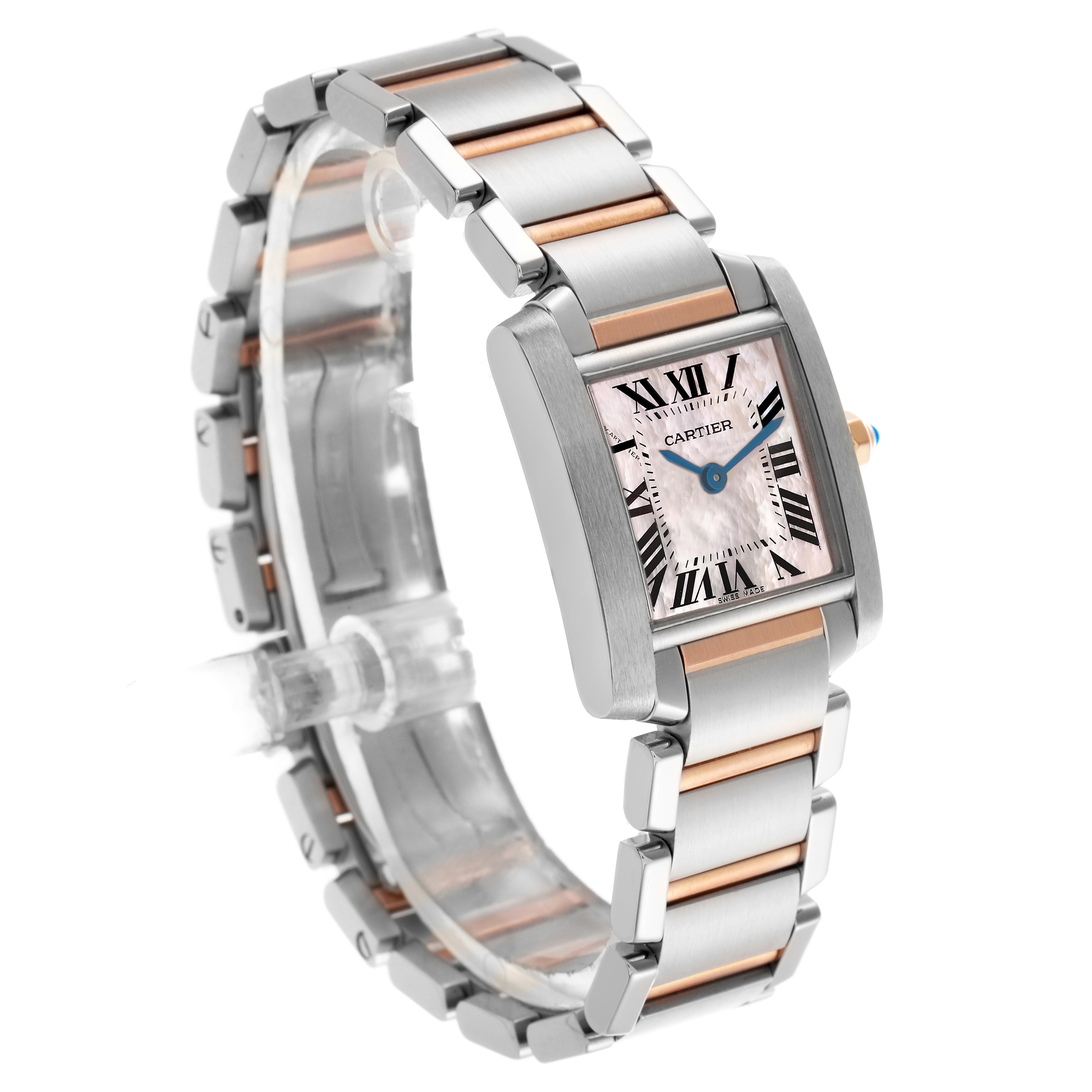 The Cartier Tank Francaise W51027Q4 Women's Steel and Gold (two tone) Mother of Pearl Dial W51027Q4 Women's Steel and Gold (two tone) Mother of Pearl Dial watch is shown from a three-quarter angle highlighting its two-tone bracelet and rectangular face.