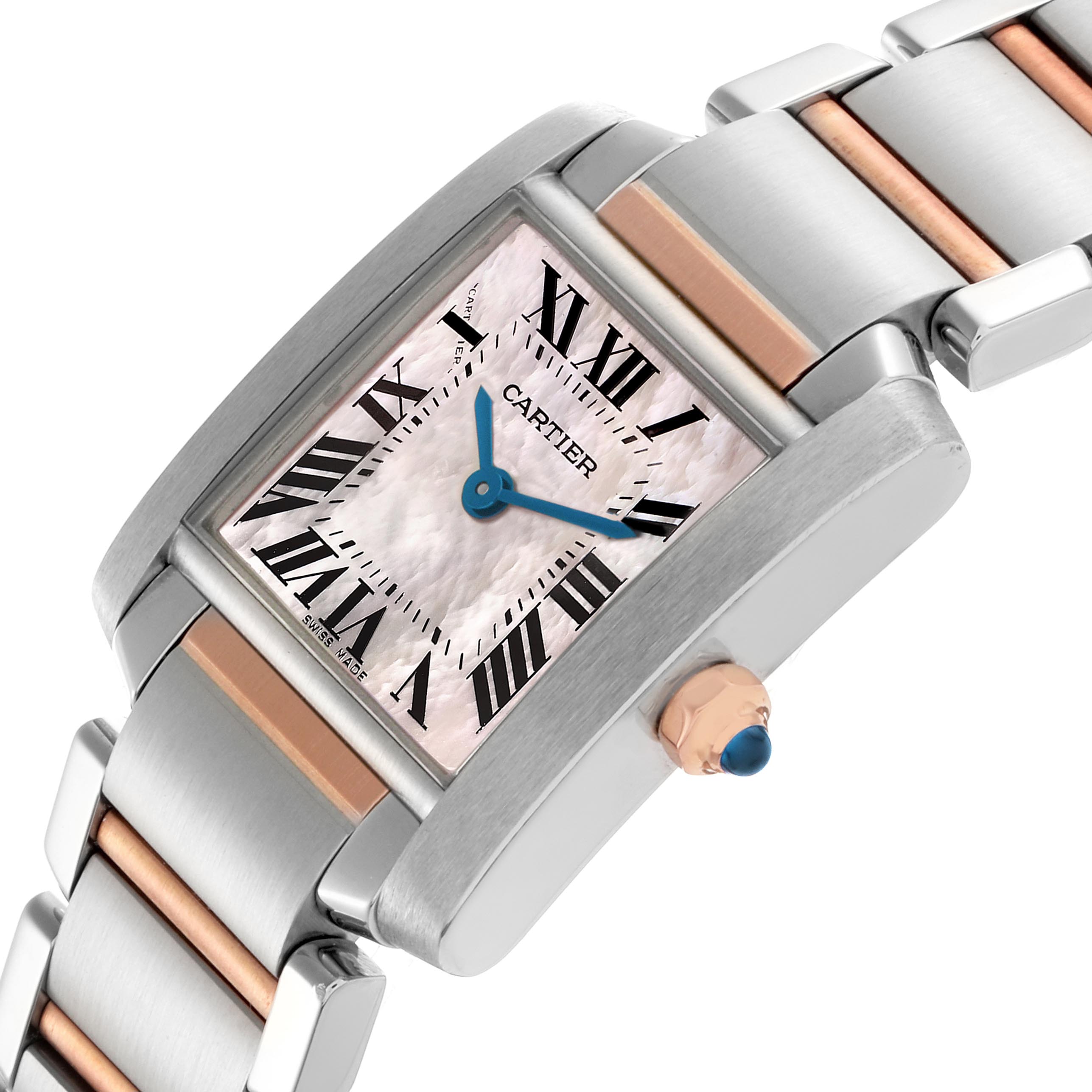 The Cartier Tank Française watch is shown at an angled close-up, featuring the face, crown, and part of the bracelet.