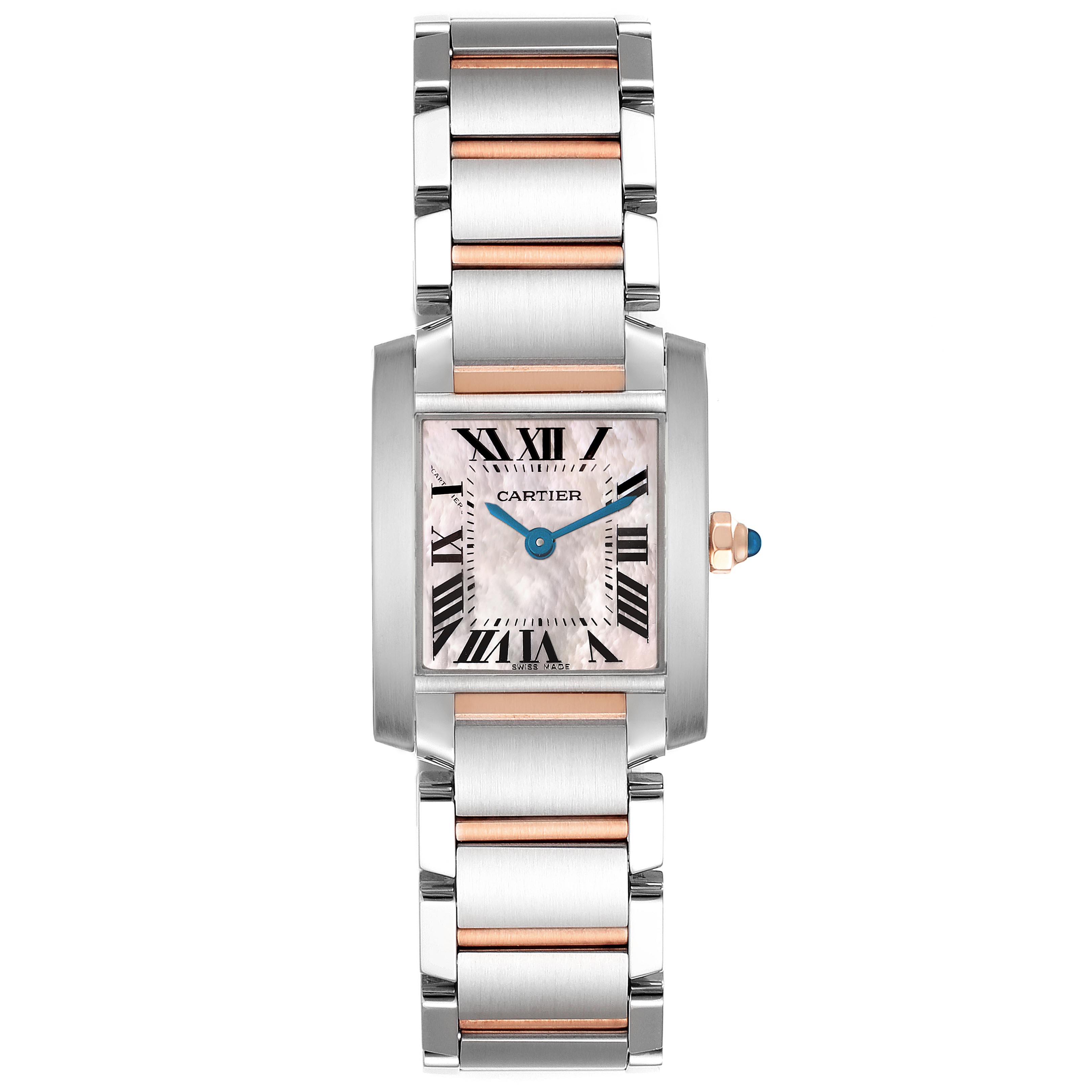 The Cartier Tank Française watch is shown from a top-down angle, displaying the face, bezel, and full bracelet.