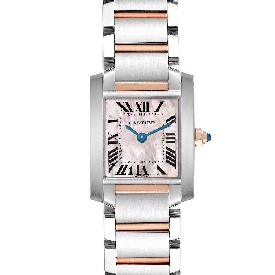 The Cartier Tank Francaise is shown from a front angle, highlighting its rectangular face, Roman numerals, blue hands, and a two-tone metal bracelet.