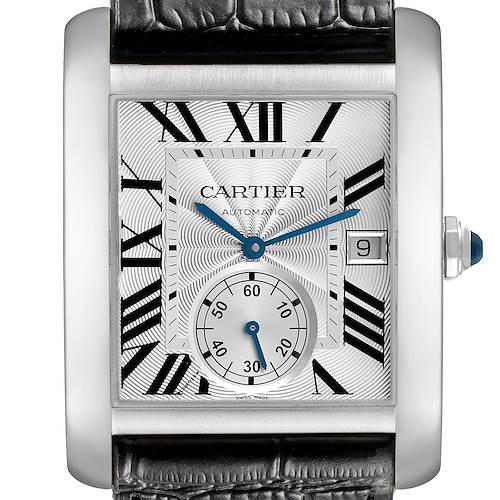 The Cartier Tank MC W5330003 Men's Stainless Steel Silver Dial watch is shown from the front, highlighting the face, Roman numerals, date window, and leather strap.