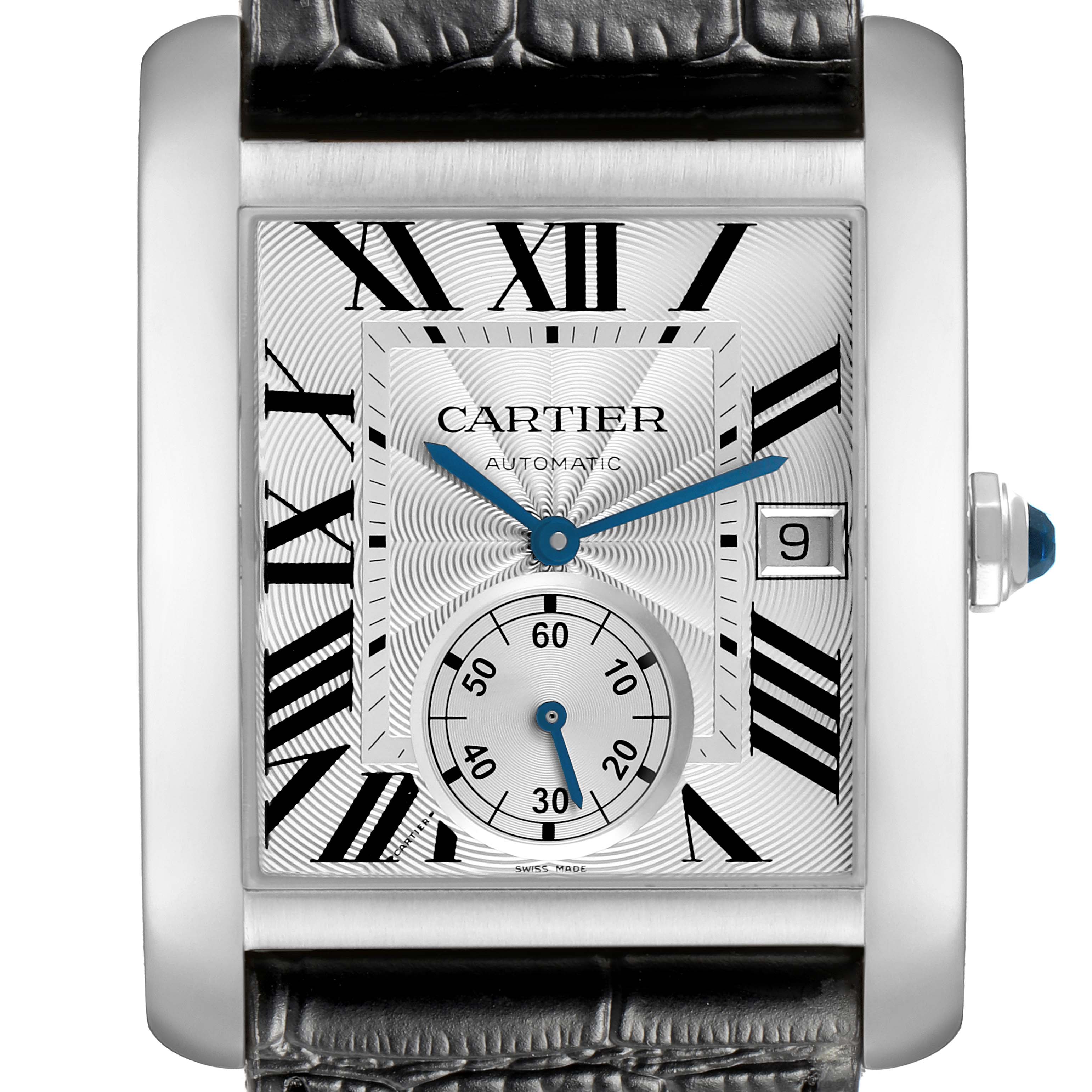 The Cartier Tank MC W5330003 Men's Stainless Steel Silver Dial watch is shown from the front, displaying the face, Roman numerals, blue hands, date window, and a crocodile strap.