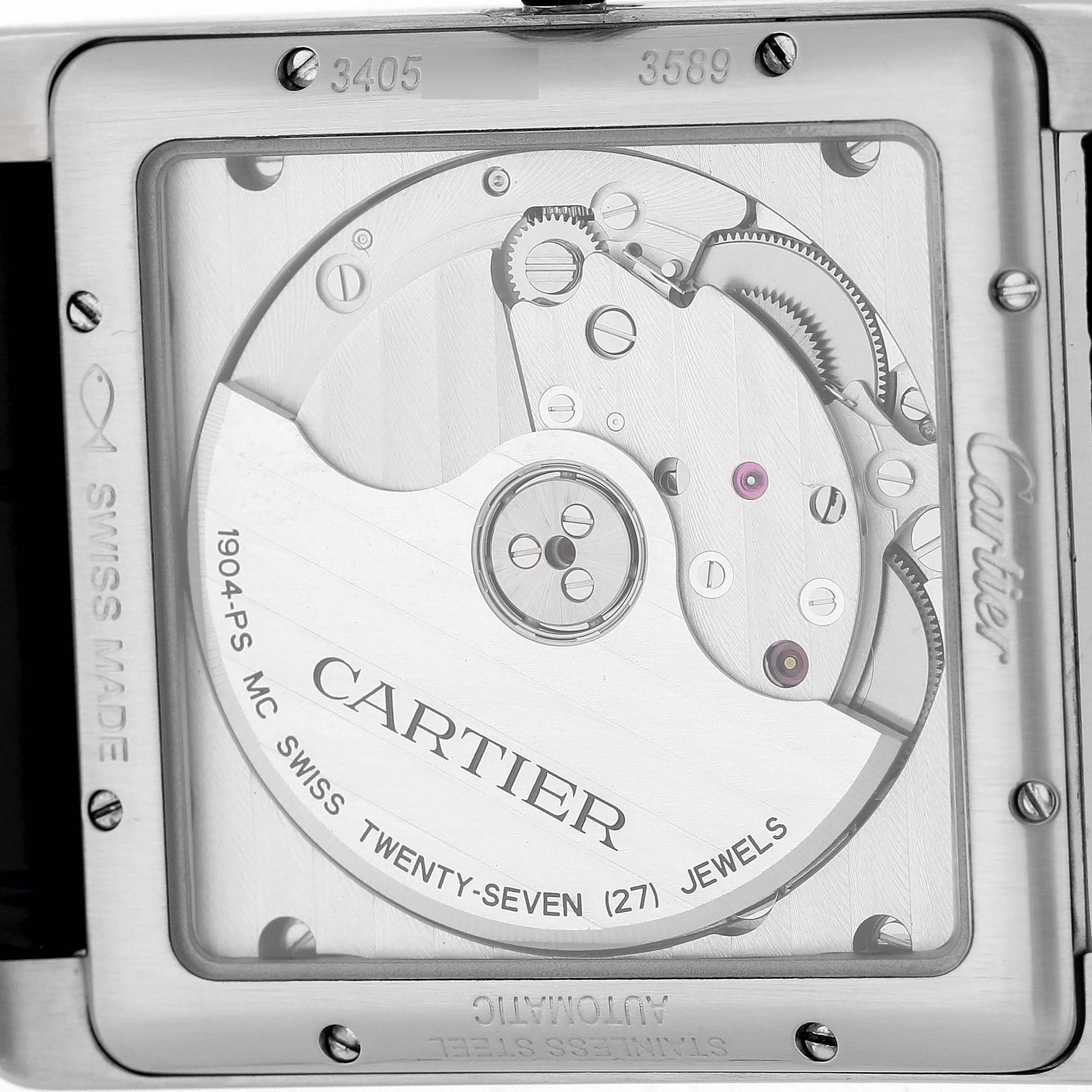 The image shows the back view of the Cartier Tank MC W5330003 Men's Stainless Steel Silver Dial watch, revealing its movement and internal mechanism.