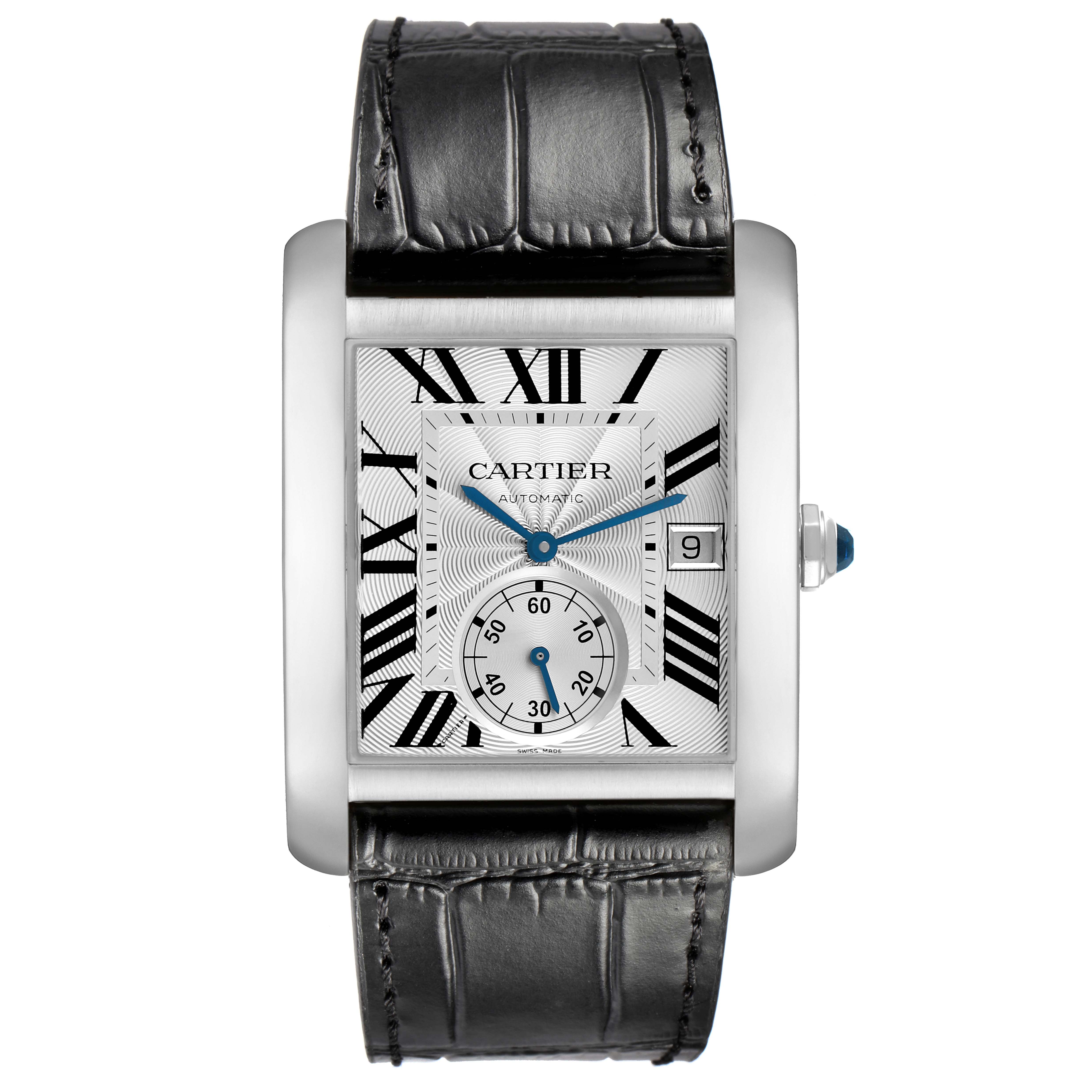 The Cartier Tank MC W5330003 Men's Stainless Steel Silver Dial watch is shown from a front angle, highlighting its rectangular face, Roman numerals, and black leather strap.