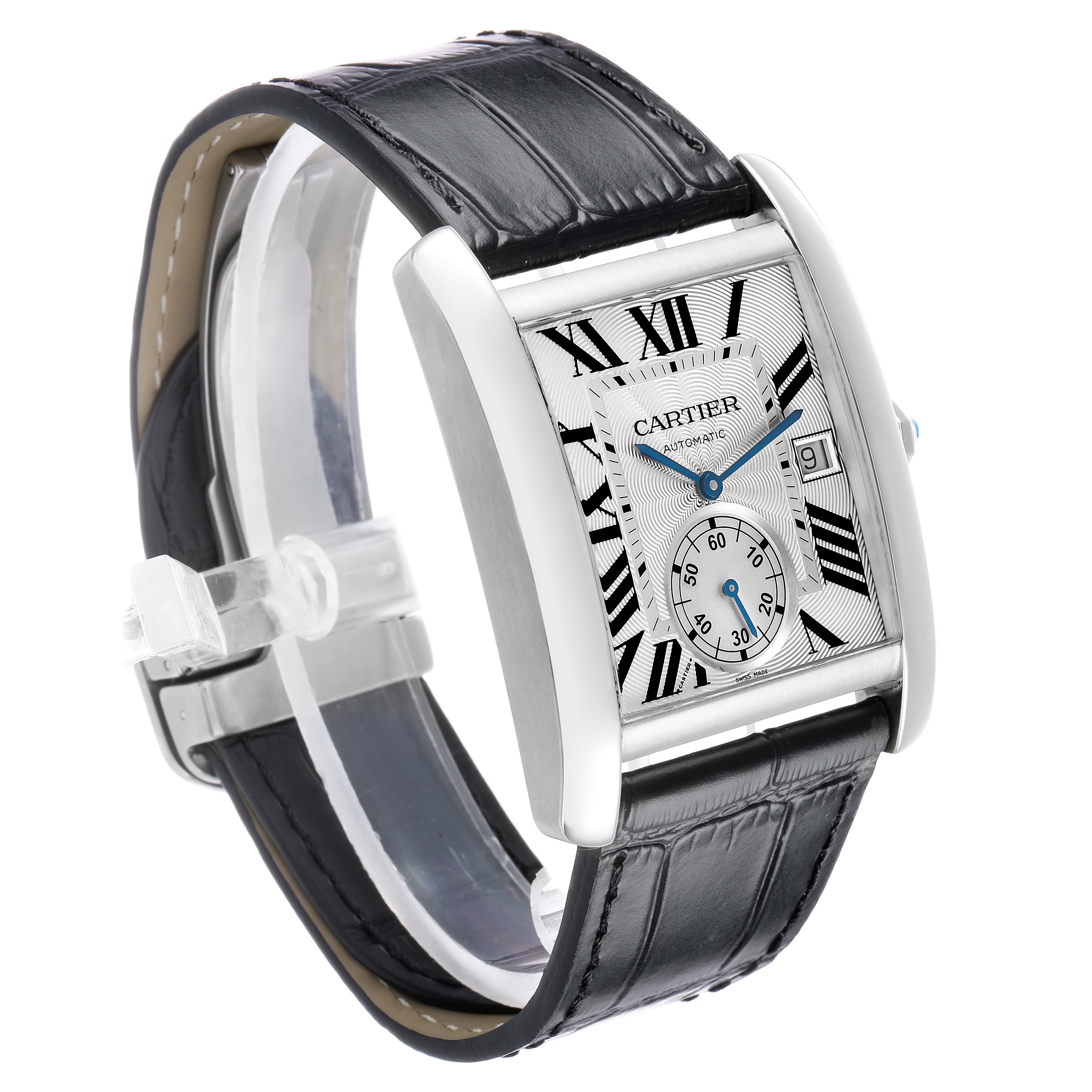 The Cartier Tank MC W5330003 Men's Stainless Steel Silver Dial watch is shown at an angle displaying the face, side, and black leather strap.