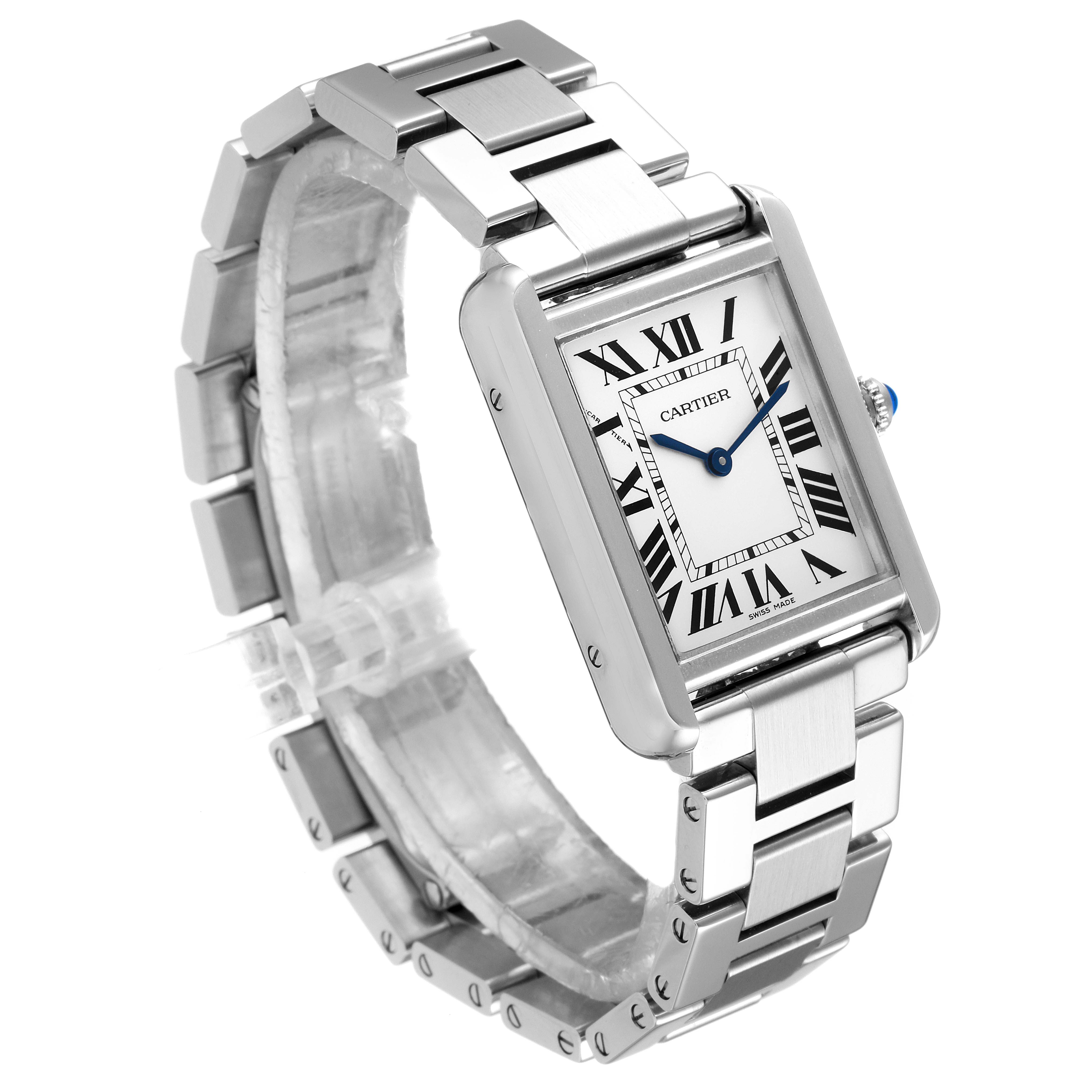 The image shows a Cartier Tank Solo W5200013 Women's Stainless Steel Silver Dial W5200013 Women's Stainless Steel Silver Dial watch at an angled view, highlighting the rectangular face, Roman numerals, and metal bracelet.