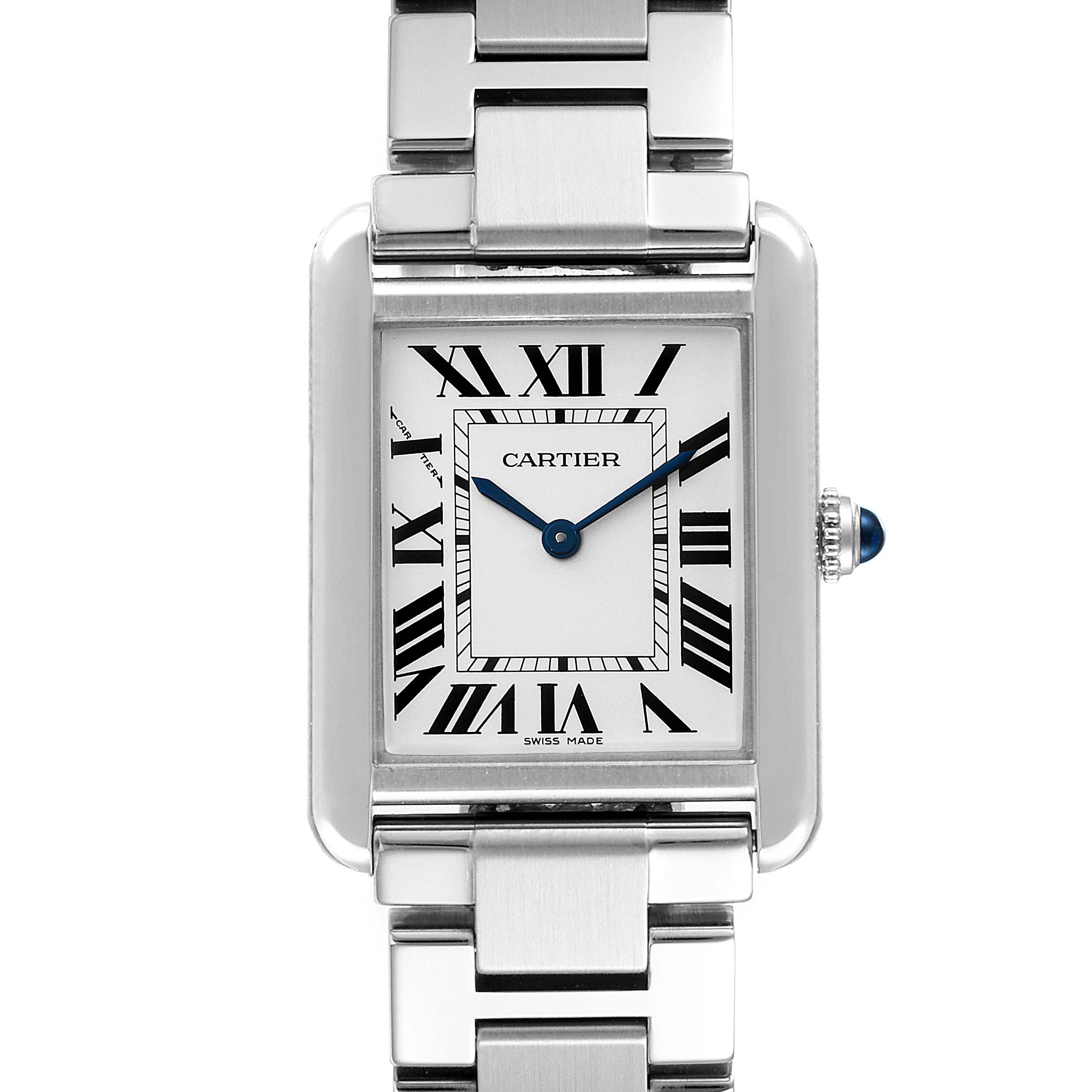 This image shows a front view of the Cartier Tank Solo W5200013 Women's Stainless Steel Silver Dial W5200013 Women's Stainless Steel Silver Dial watch, showcasing its rectangular face, blue hands, and stainless steel bracelet.
