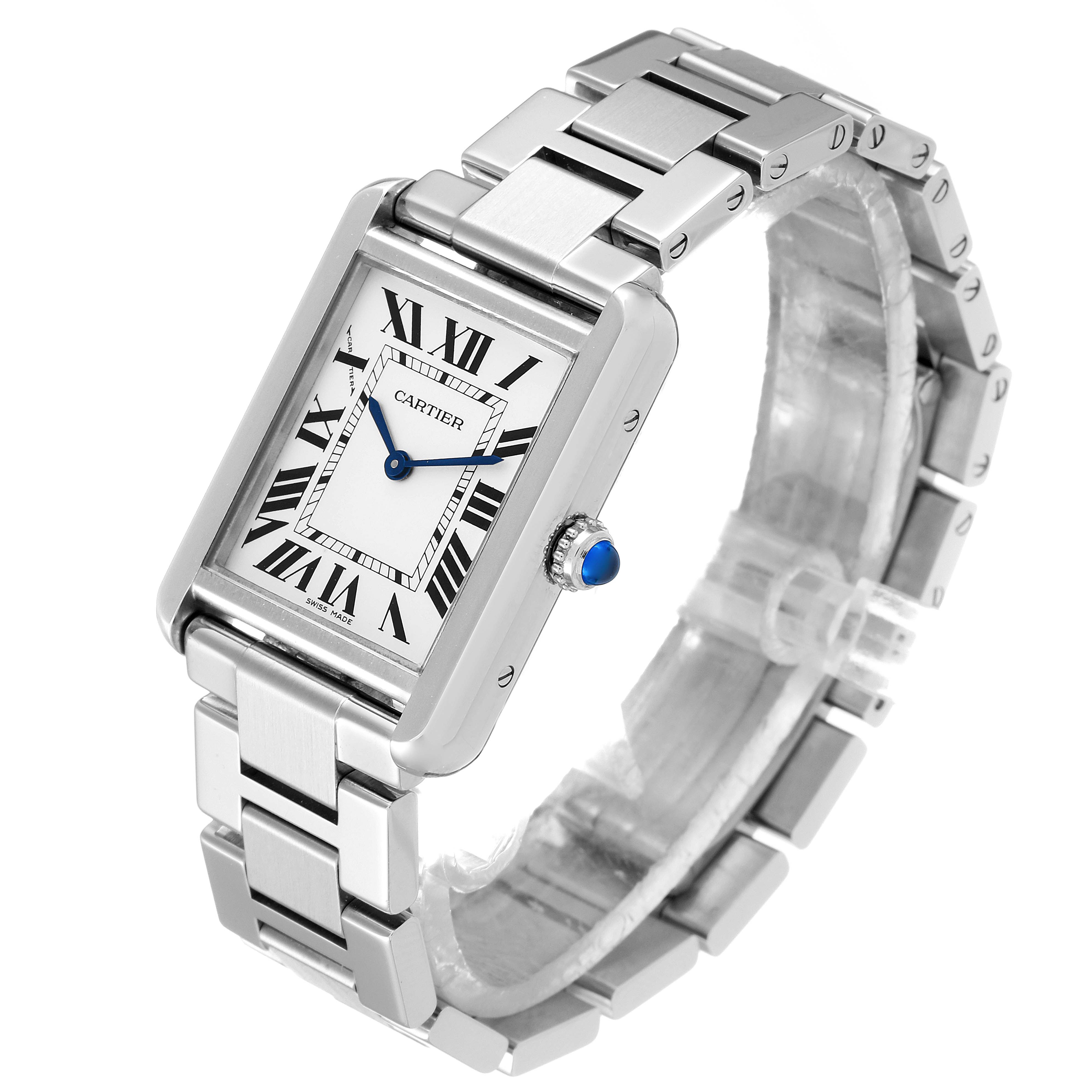 The image shows a side and top angle view of the Cartier Tank Solo W5200013 Women's Stainless Steel Silver Dial W5200013 Women's Stainless Steel Silver Dial watch, revealing its face, stainless steel bracelet, and blue crown.