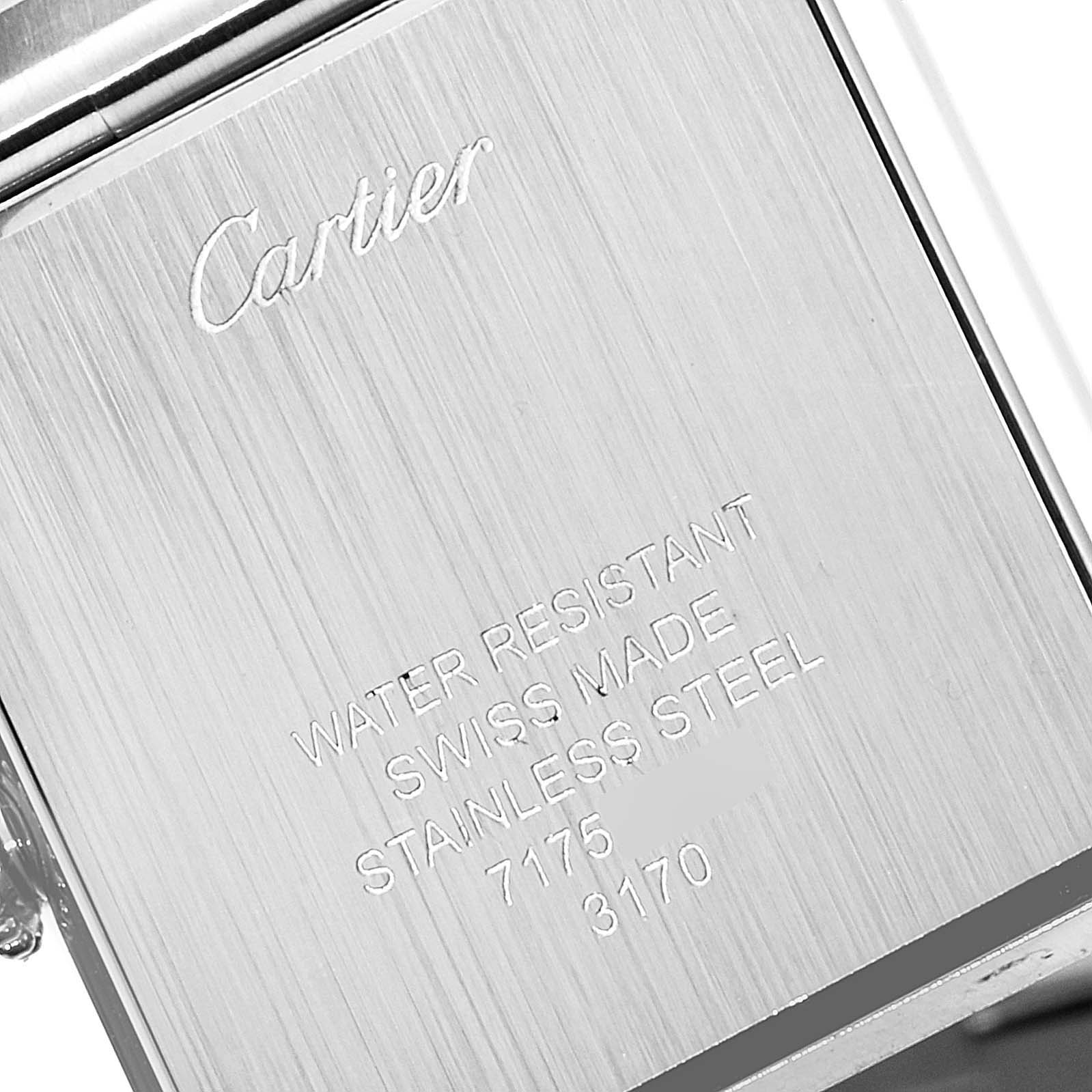 This image shows the back side, showcasing details and engravings of the Cartier Tank Solo W5200013 Women's Stainless Steel Silver Dial W5200013 Women's Stainless Steel Silver Dial watch case.