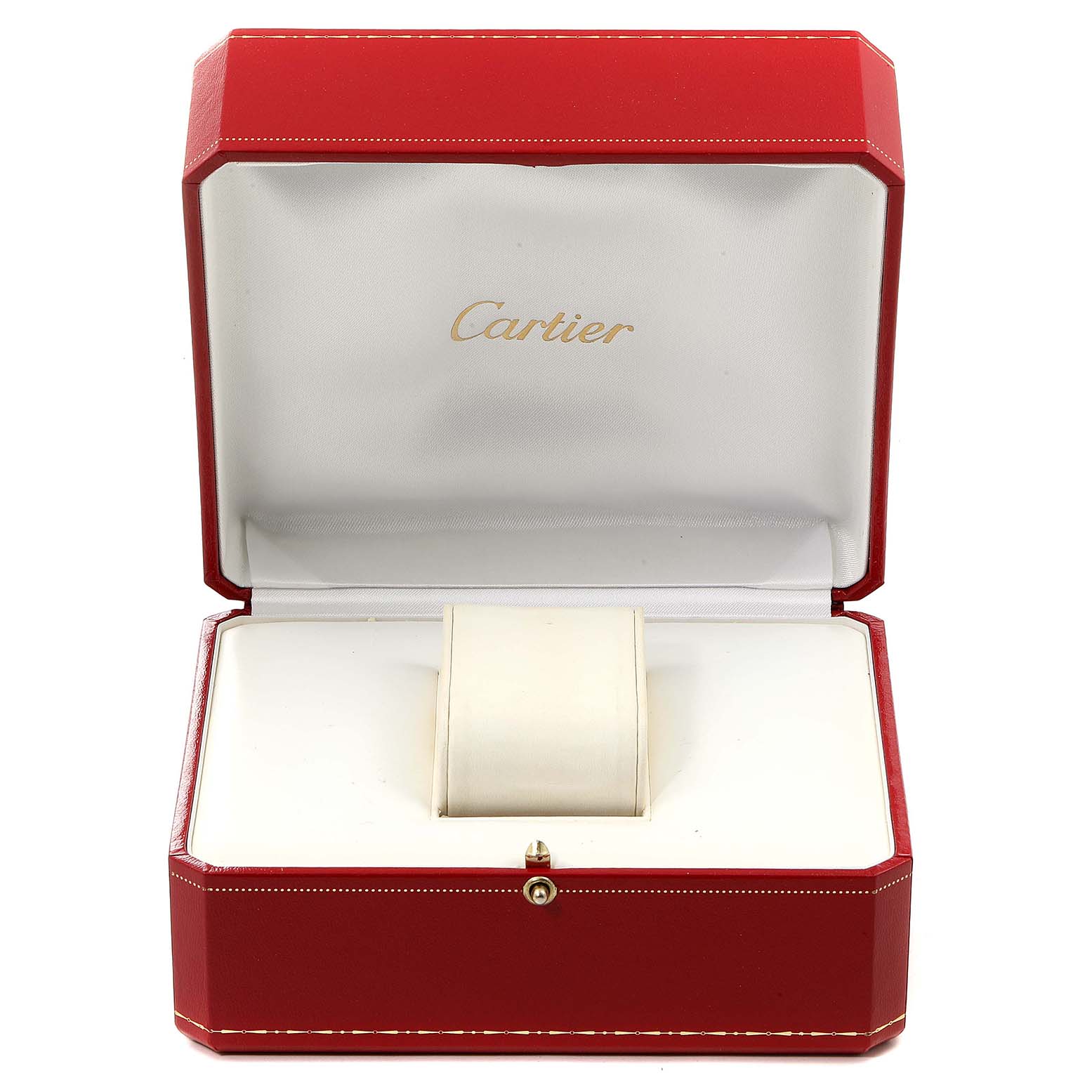 The image shows an open red Cartier box with an interior pillow for the Tank Solo model watch.
