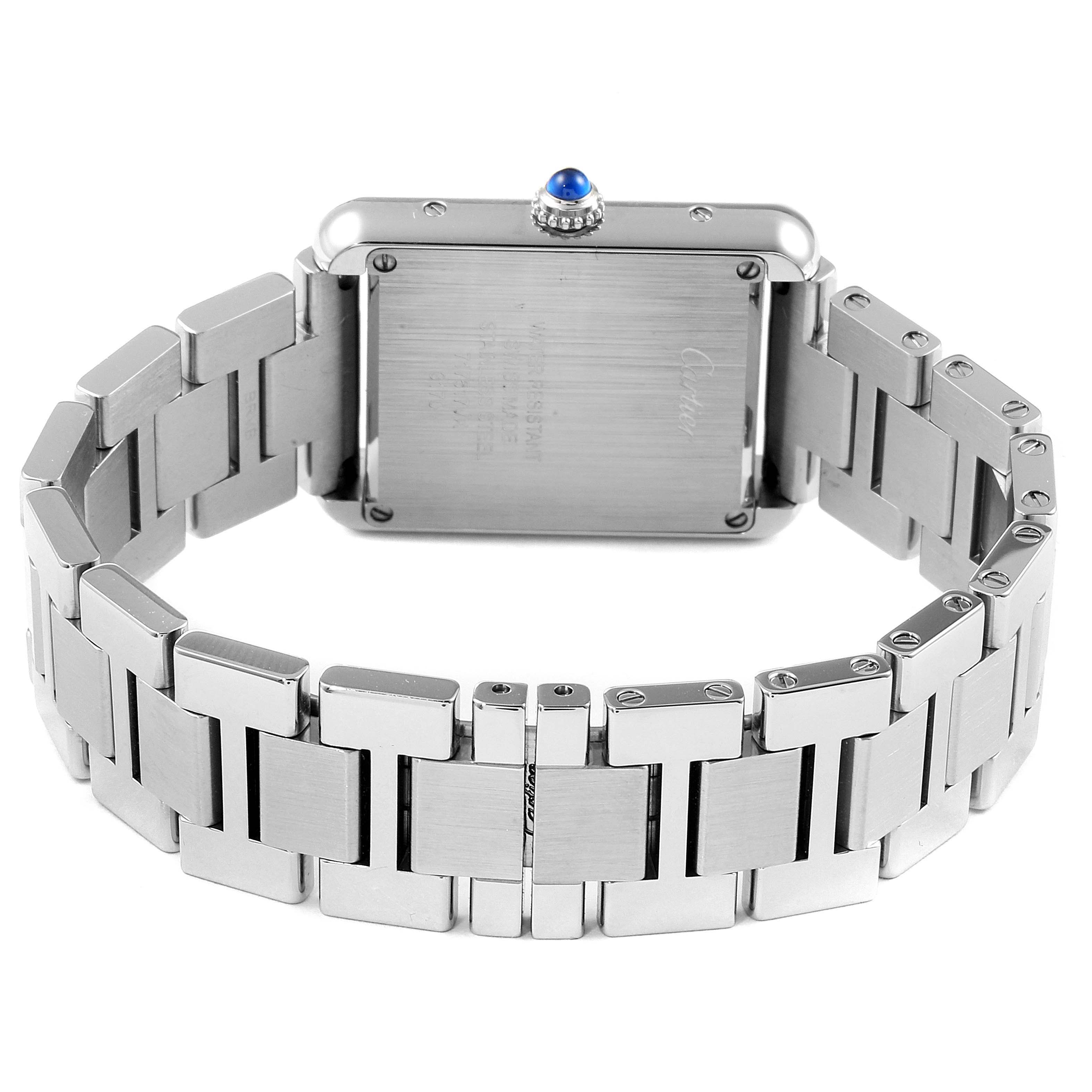 The image shows the back case and bracelet of a Cartier Tank Solo W5200013 Women's Stainless Steel Silver Dial W5200013 Women's Stainless Steel Silver Dial watch, focusing on the stainless steel parts and clasp.
