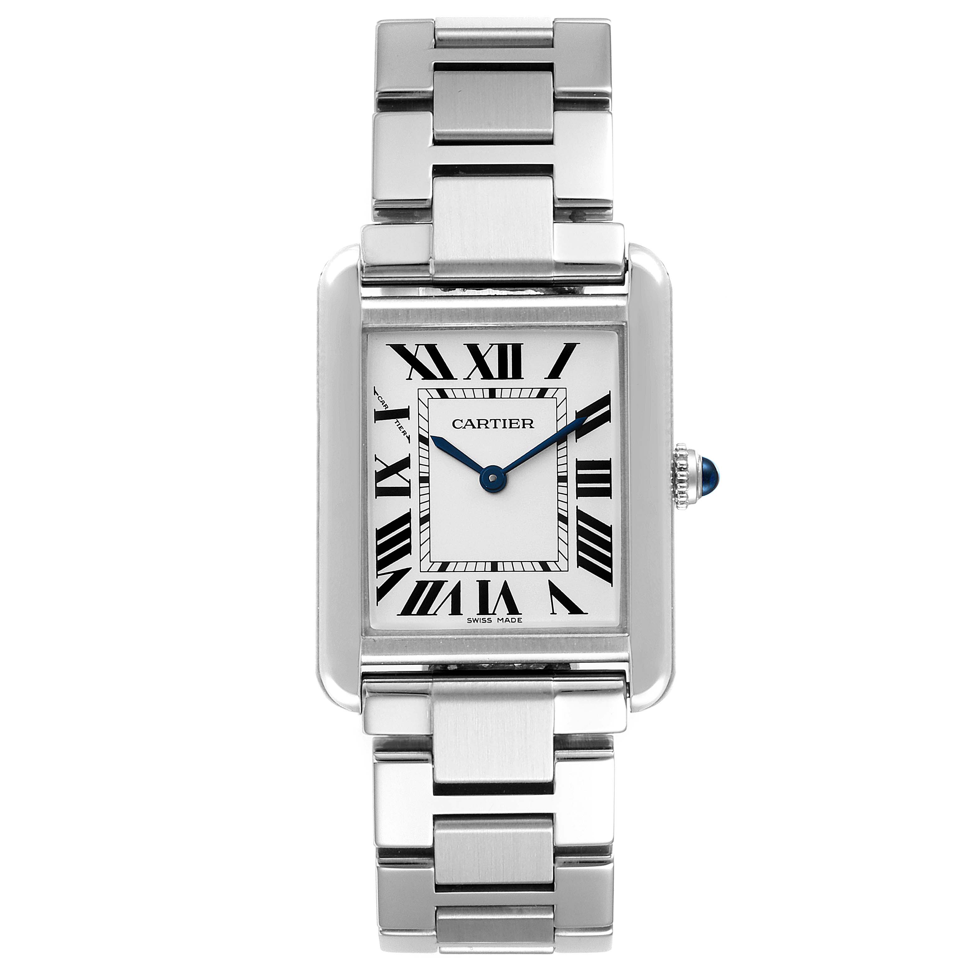 The image shows a frontal view of a Cartier Tank Solo W5200013 Women's Stainless Steel Silver Dial W5200013 Women's Stainless Steel Silver Dial watch, displaying its rectangular face, roman numerals, and metal bracelet.